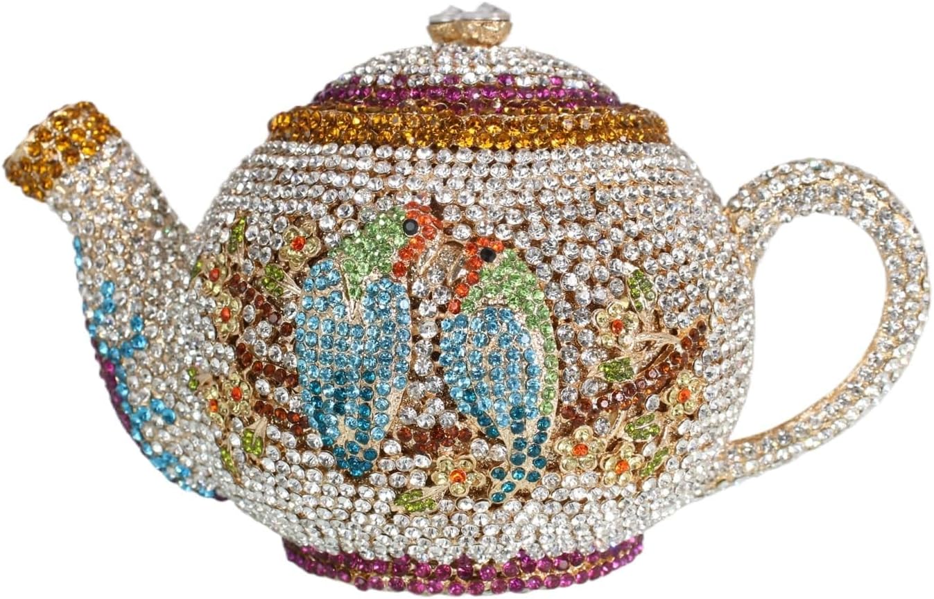 Funny Teapot Rhinestone Evening Bag Sparkly Birds Floral Diamond Crystal Clutch Purse for Women Evening Party