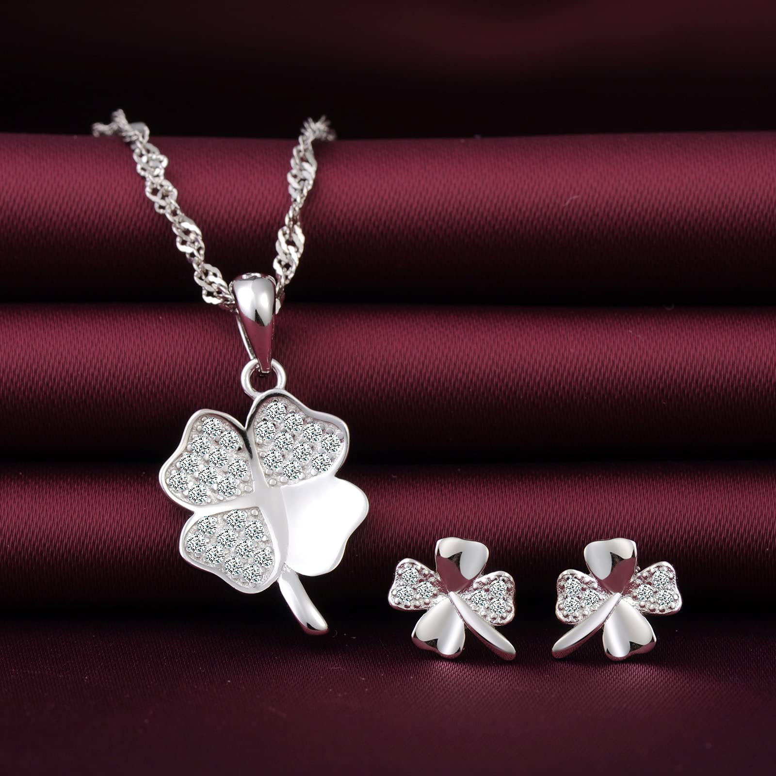 Yumilok-collar de mujer pendientes de plata colgante de circonita de plata esterlina S925 para mujer juego de trébol de cuatro hojas de la suerte