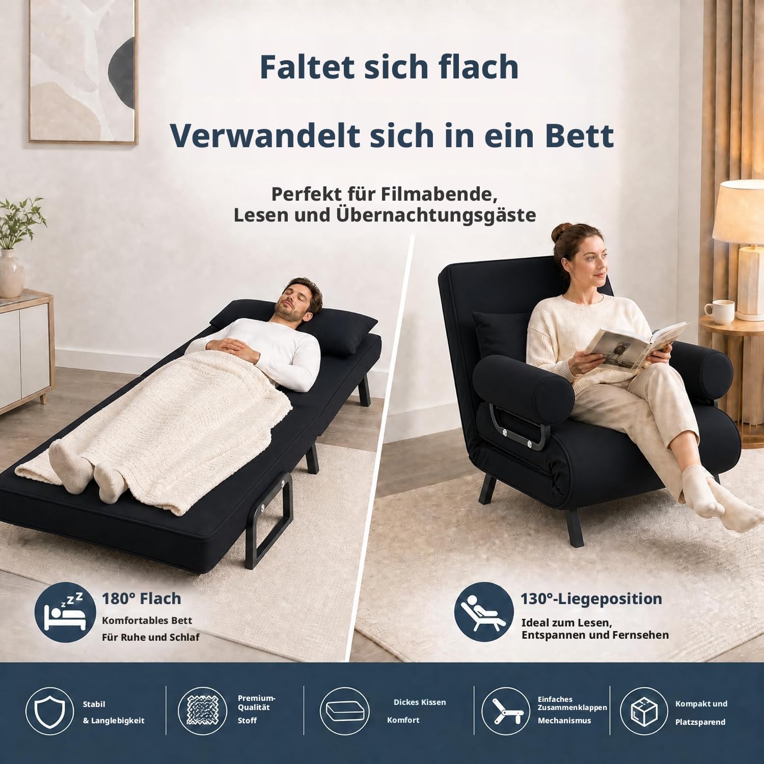 LSLIFE 4 in 1 Schlafsessel, Schlafsofa mit Bettfunktion Armlehnen & Kissen verstellbar 6-Position Rückenlehne Liegestühl Lounge Couch Guest Sleeper Sessel für Home Office ﻿ (80cm schwarz)