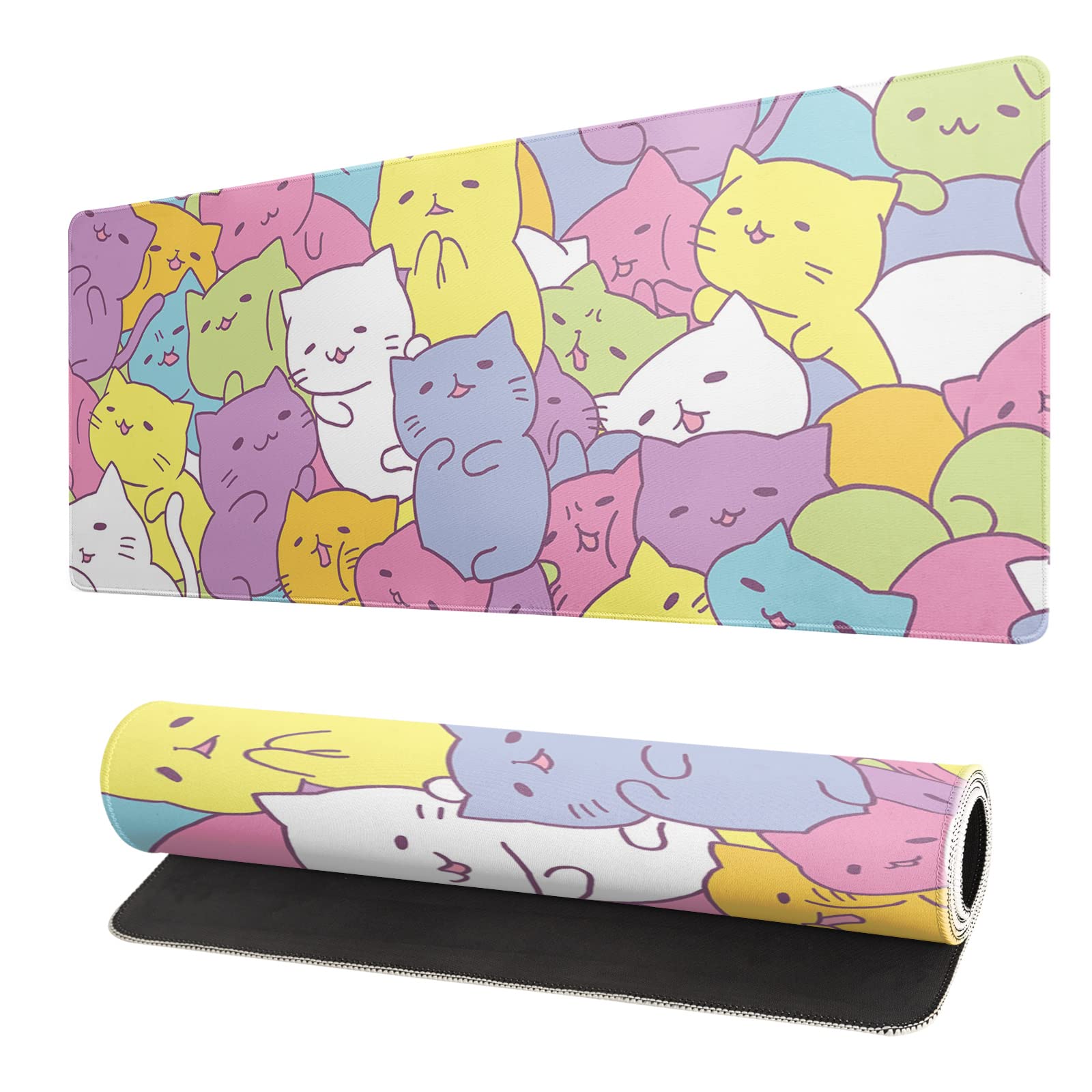 Brecoy Kawaii Cats Gaming Mouse Pad, Extended Large Mouse Mat Desk Pad, Big Computer Keyboard Desk Pad, Stitched Edges Mousepad, 3mm Thick Long Non-Slip Rubber Base Mice Pad, 31.5 X 11.8 Inch