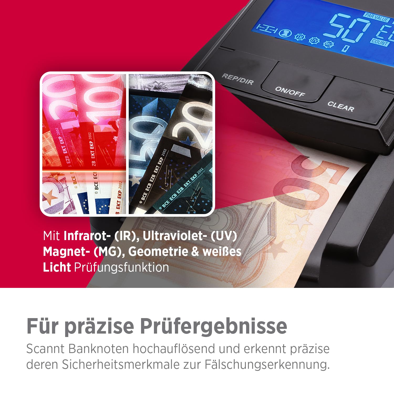 Olympia NC 375 Geldprüfgerät | Geldscheinprüfer mit IR, MG, UV Sensoren | Geldzähler für Euro, Dollar, Pfund | Falschgeld Prüfer | Hohe Prüfgeschwindigkeit | Geldprüfgerät für Scheine | LCD Display