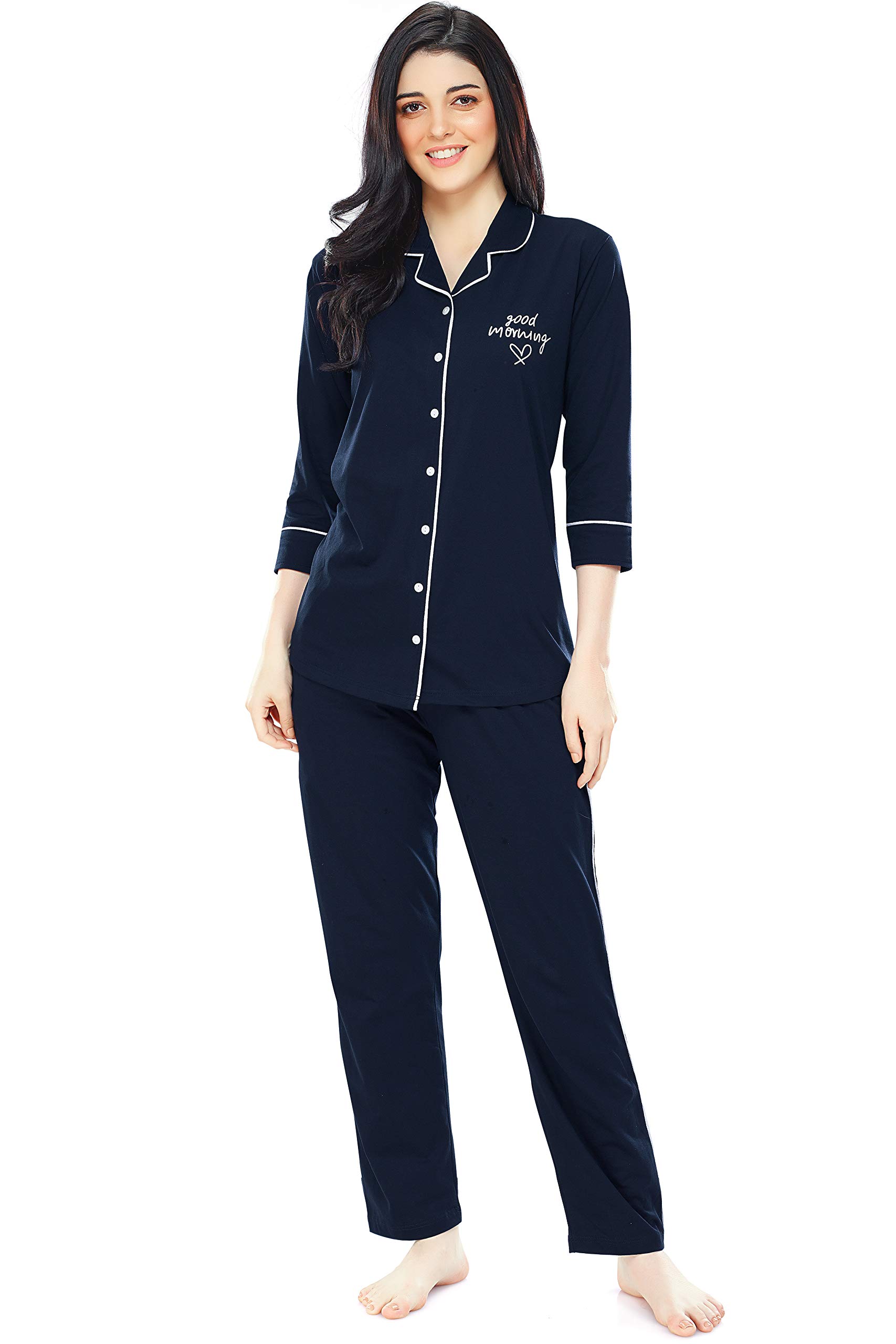 ZEYOWomen's Cotton Solid Plain Night Suit Set of Shirt & Pyjama 5241