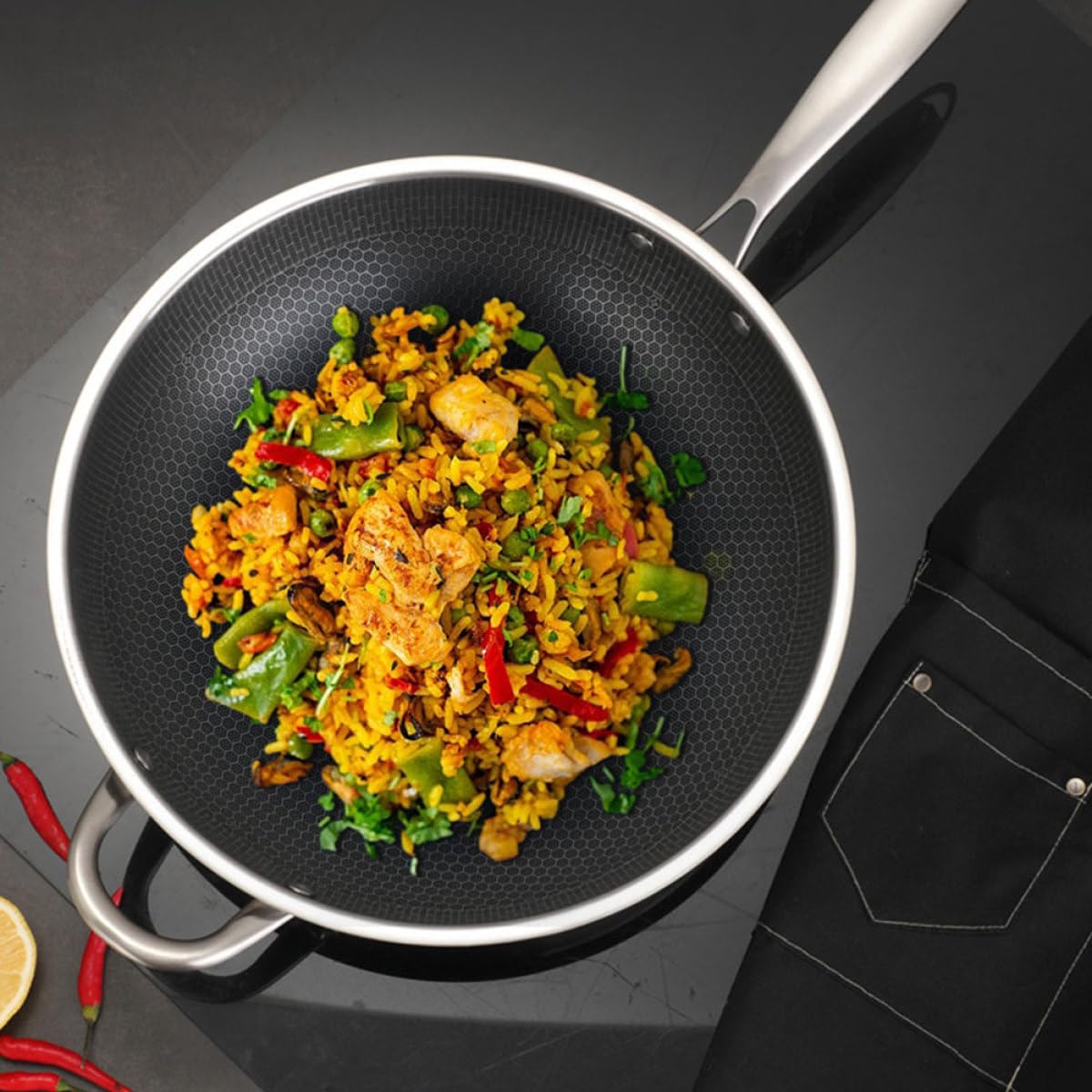 DECHOUS Wok de Acero Inoxidable 32 CM Estructura de Panal Antiadherente Doble Mango Ergonómico Apto para Cocina de Inducción Estufa Eléctrica Gas Sartén Wok Multifuncional para Freír