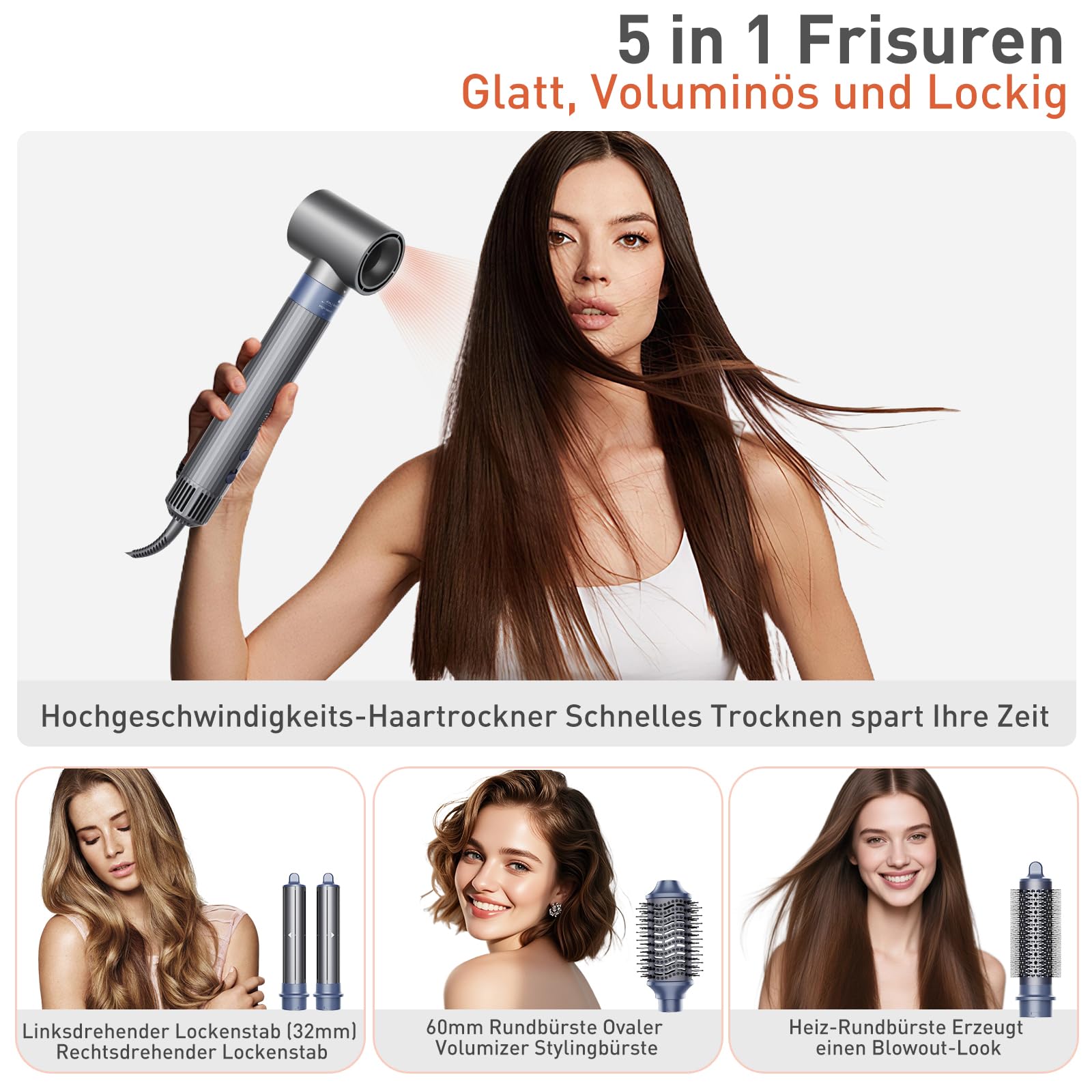TANSHINE 5-in-1 Hairstyler 1400W Ionen Föhn Heißluftbürste Warmluftbürste
