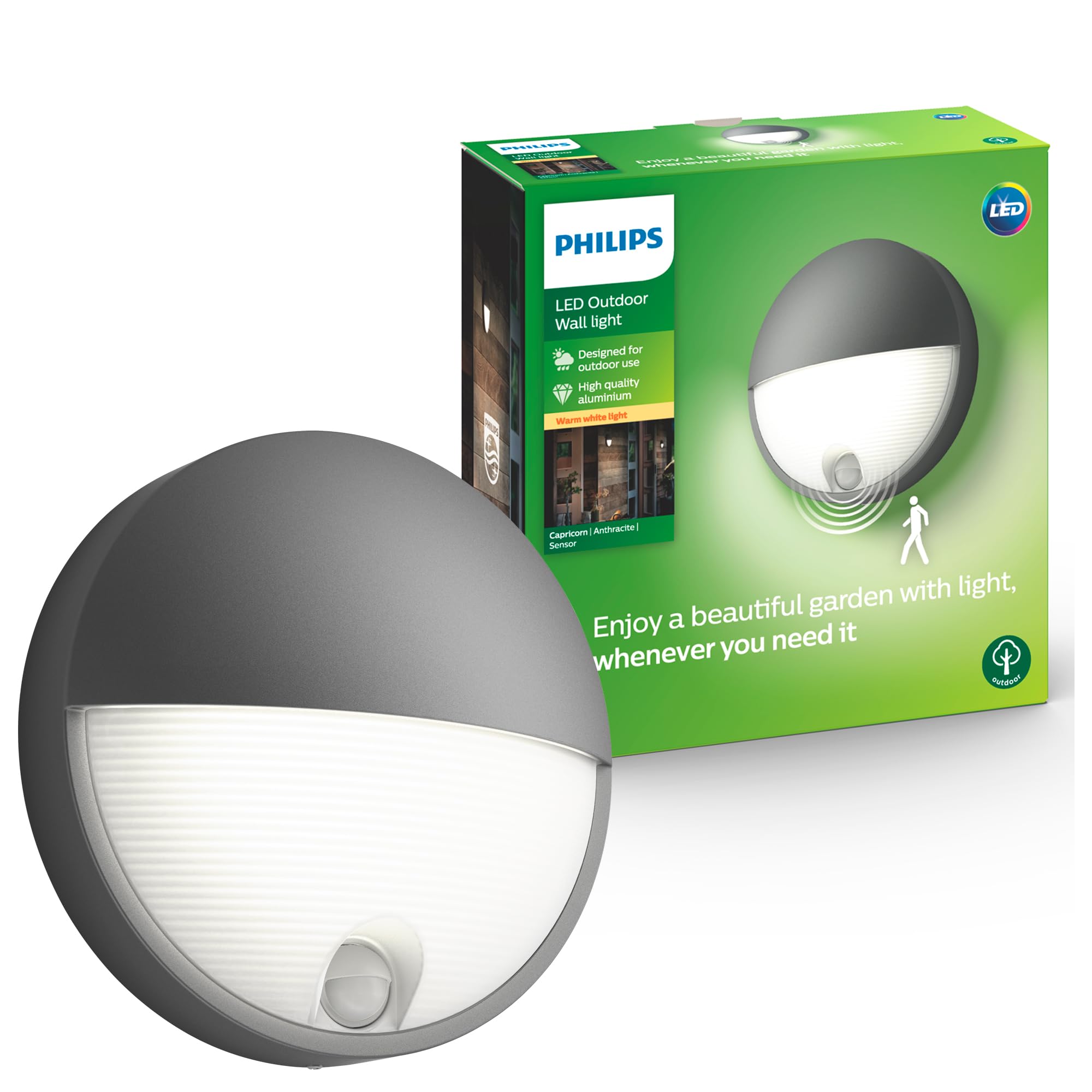 Philips Capricorn LED Outdoor Wandleuchte mit Bewegungssensor (5,5 W), wetterfeste Außenleuchte mit warmweißem Licht, energiesparende LED Beleuchtung, anthrazit, Grau