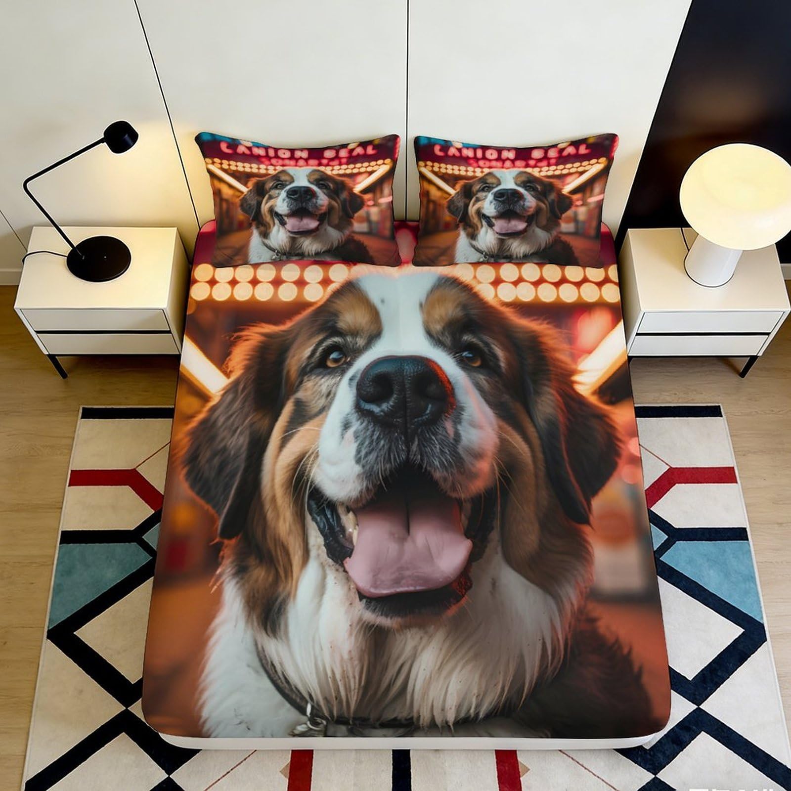 3D Printed Saint Bernard Dog Fitted Sheet Microfiber Soft Non-slip Bed Cover for Bedroom Guest Room Decor Machine Washable 90x200x25cm