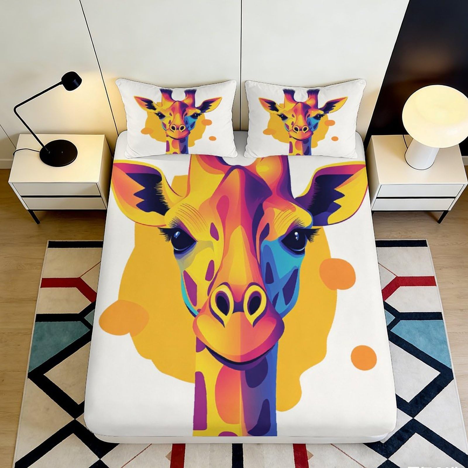 3D Printed Colorful Giraffe Fitted Sheet Microfiber Soft Durable Vibrant Animal Print Bed Cover for Bedroom Dormitory Guest Room Mattress Protection 200x200x25cm