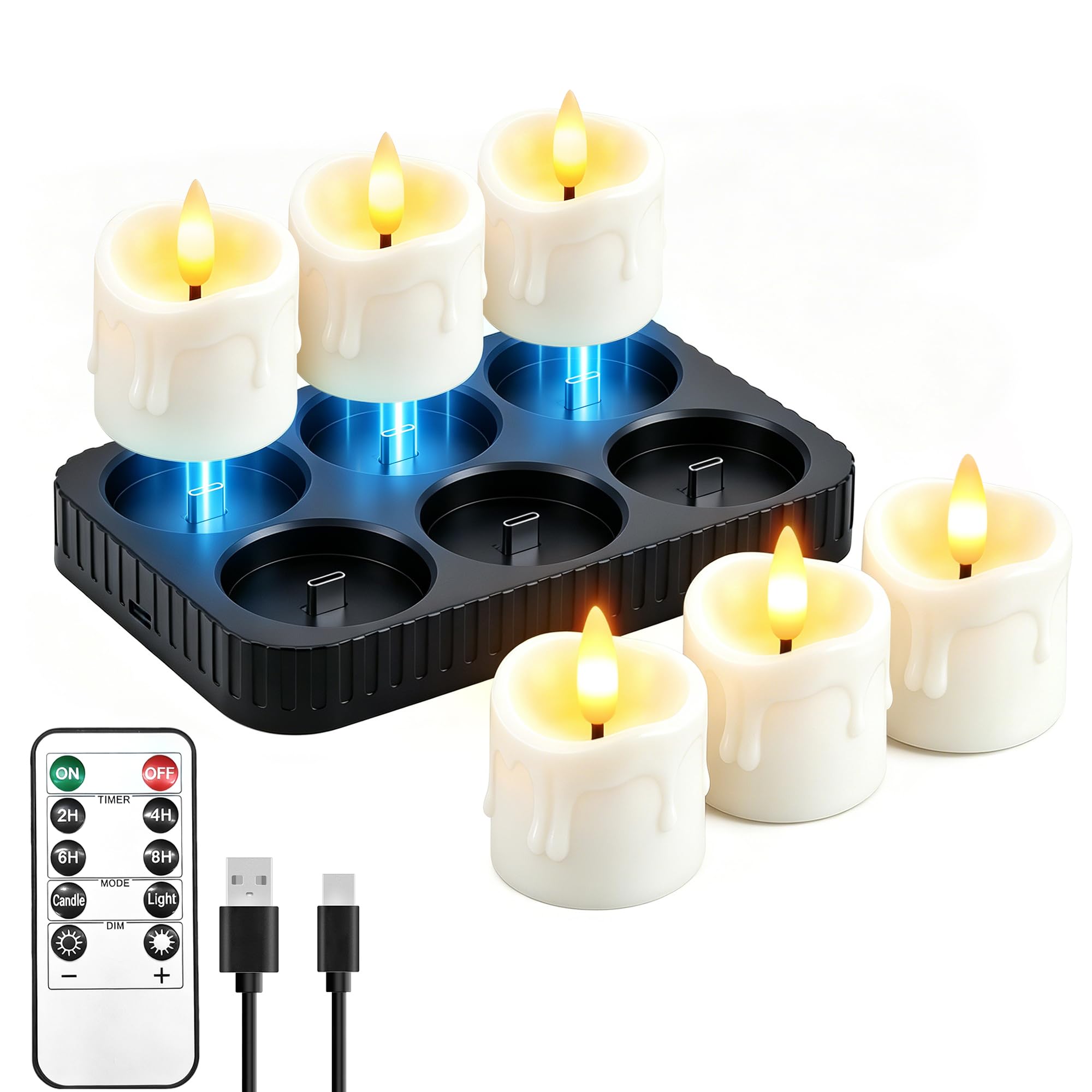 6 Pc Flameless Candles - Tea Lights With Charging Base And Remote Control