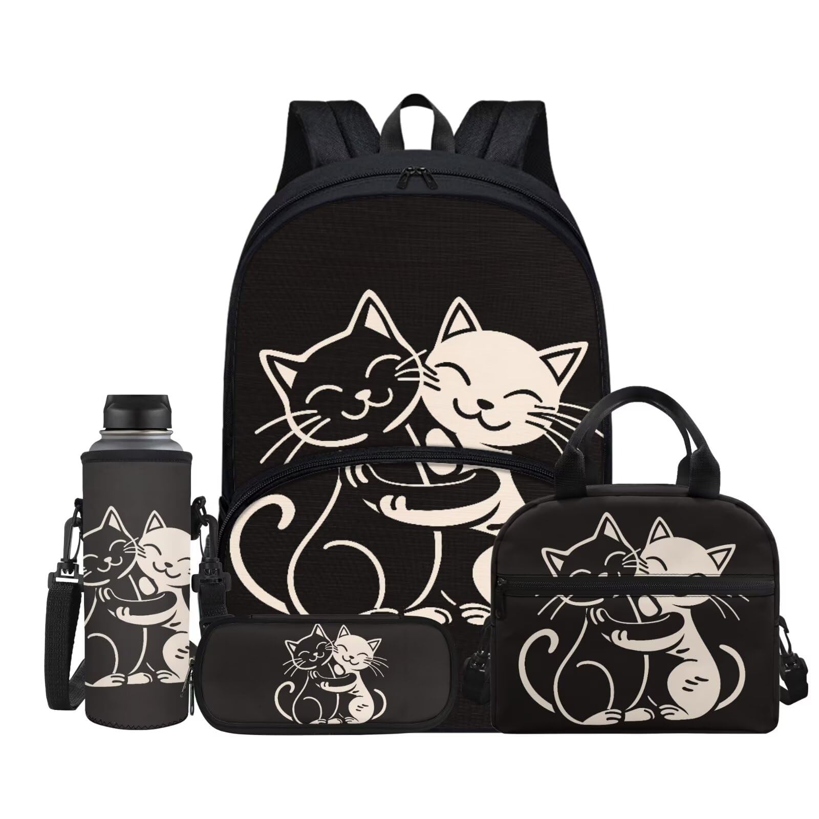 Jndtueit Cartoon Cat Black Backpacks for Boys Girls School Bookbag Kids Daypack Insulated Lunch Tote Bag Pencil Pen Case Water Bottle Cup Cover for