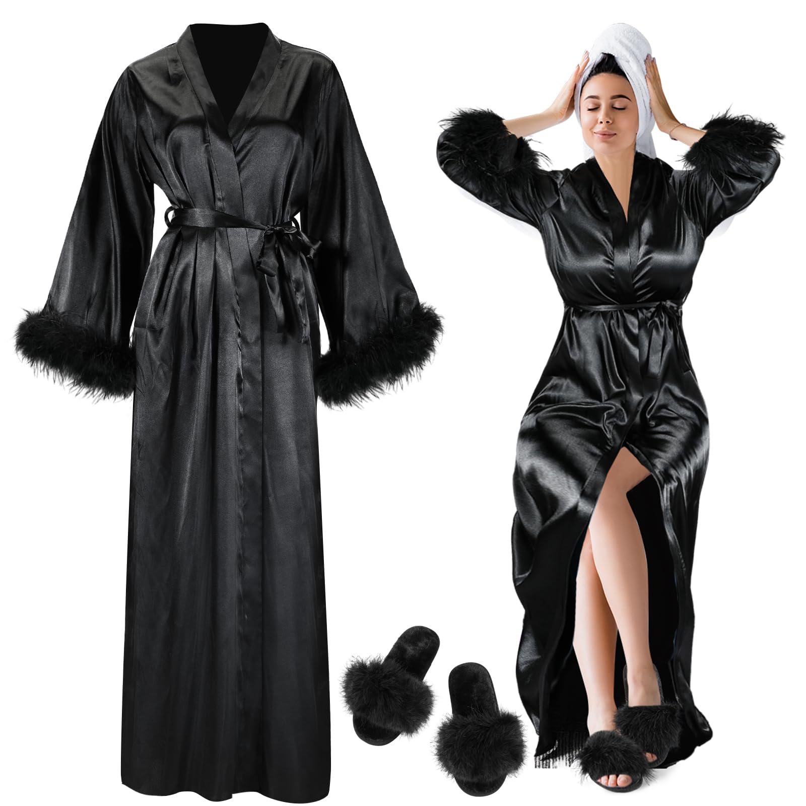 Cutecrop2 Pcs Satin Feather Robe and Fuzzy Slippers Bride Robe Long Silk Bath Robe for Women Wedding Bridesmaid