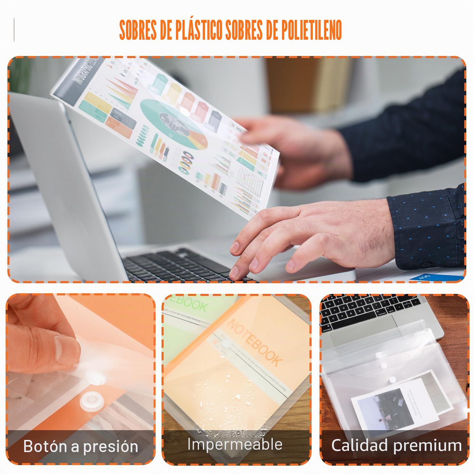 DAJAVE 60 Unidades Bolsa de plástico A5, Carpetas de Plástico Transparente de Tamaño A5, con Corchete - Sobre para Documentos con Botón de Presión, para Almacenamiento de Documentos y Sobres