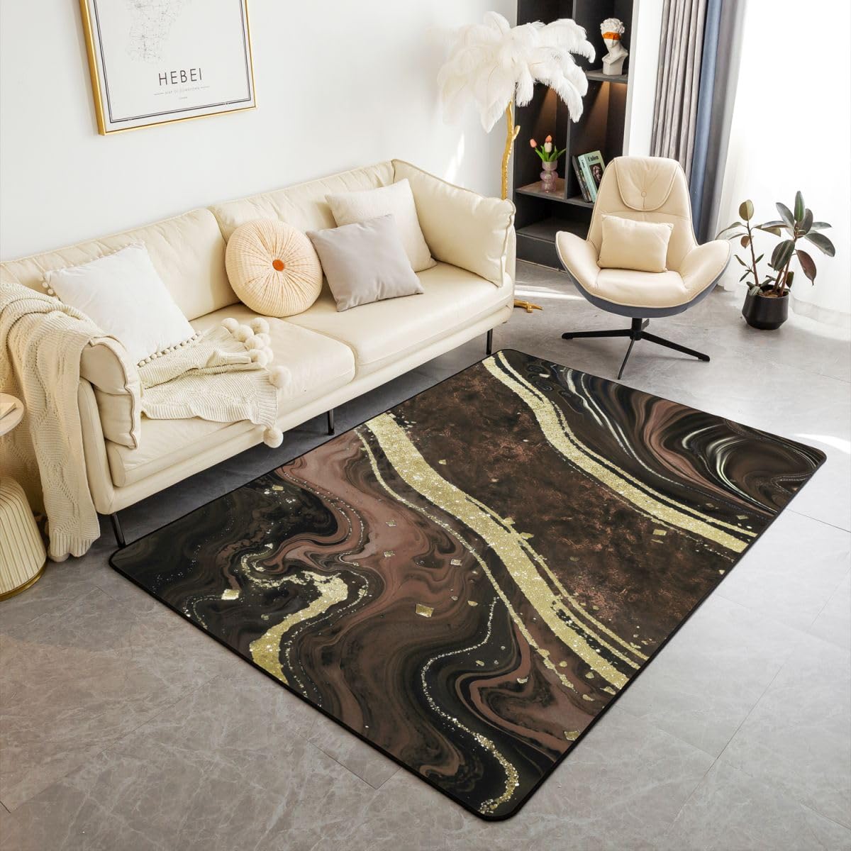 Tapis salon marbre brun pour creer une ambiance de chambre esthetique et chaleureuse