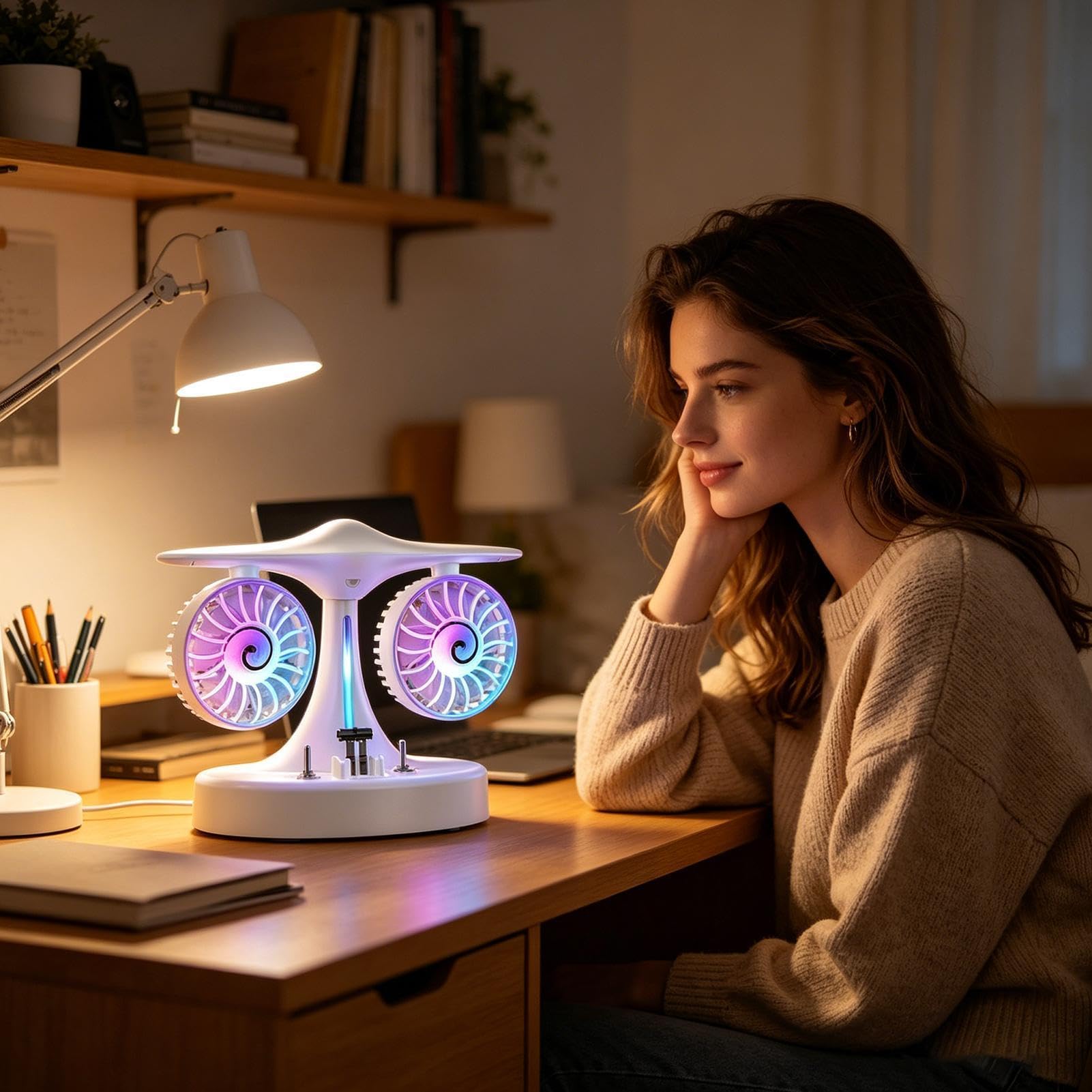 Ventilador de Escritorio Portátil Recargable con Nebulización y Luces | Ventilador Personal de Escritorio Pequeño y Silencioso para Dormitorio Salón Oficina Escuela Verano Viajes Camping Vacacione