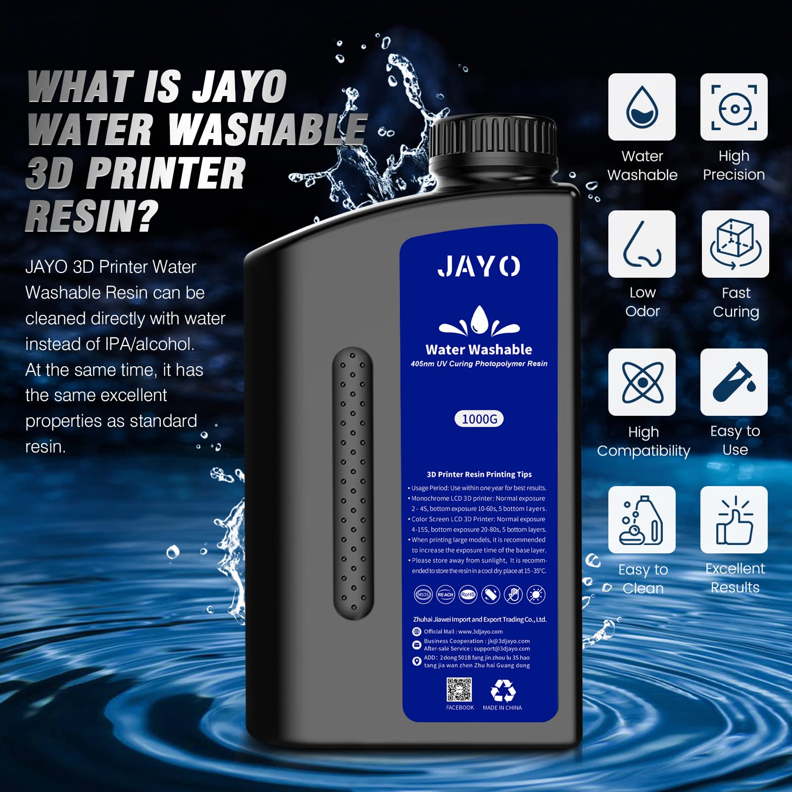 JAYO Zmywalna żywica do drukarki 3D, 2 kg, szybkoschnąca żywica 3D, do drukarki 3D 4K/6K/8K LCD/DLP/SLA, standardowa, fotopolimerowa utwardzana wodą, szara, 2000 g