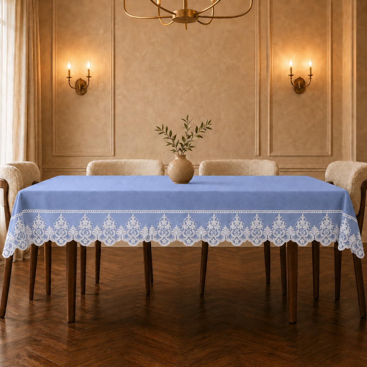 PETTI Artigiani Italiani Samt-Tischdecke mit Rebrodé-Spitze 140 x 140 cm (Quadratisch), Quadratische Tischdecke Weich und Elegant für Esstisch und Küche, 4 Personen, Rauchblau mit Spitze