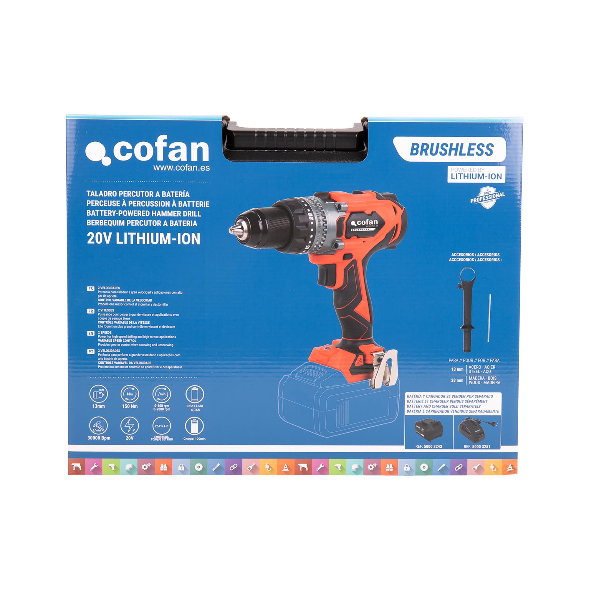Cofan Taladro percutor a batería | Motor sin escobillas | Potencia: 20 V | Portabrocas 13 mm | 150 Nm, 2000 rpm | 2 velocidades | Percusión 30 000 BPM | Incluye accesorios | Batería y cargador NO INCL