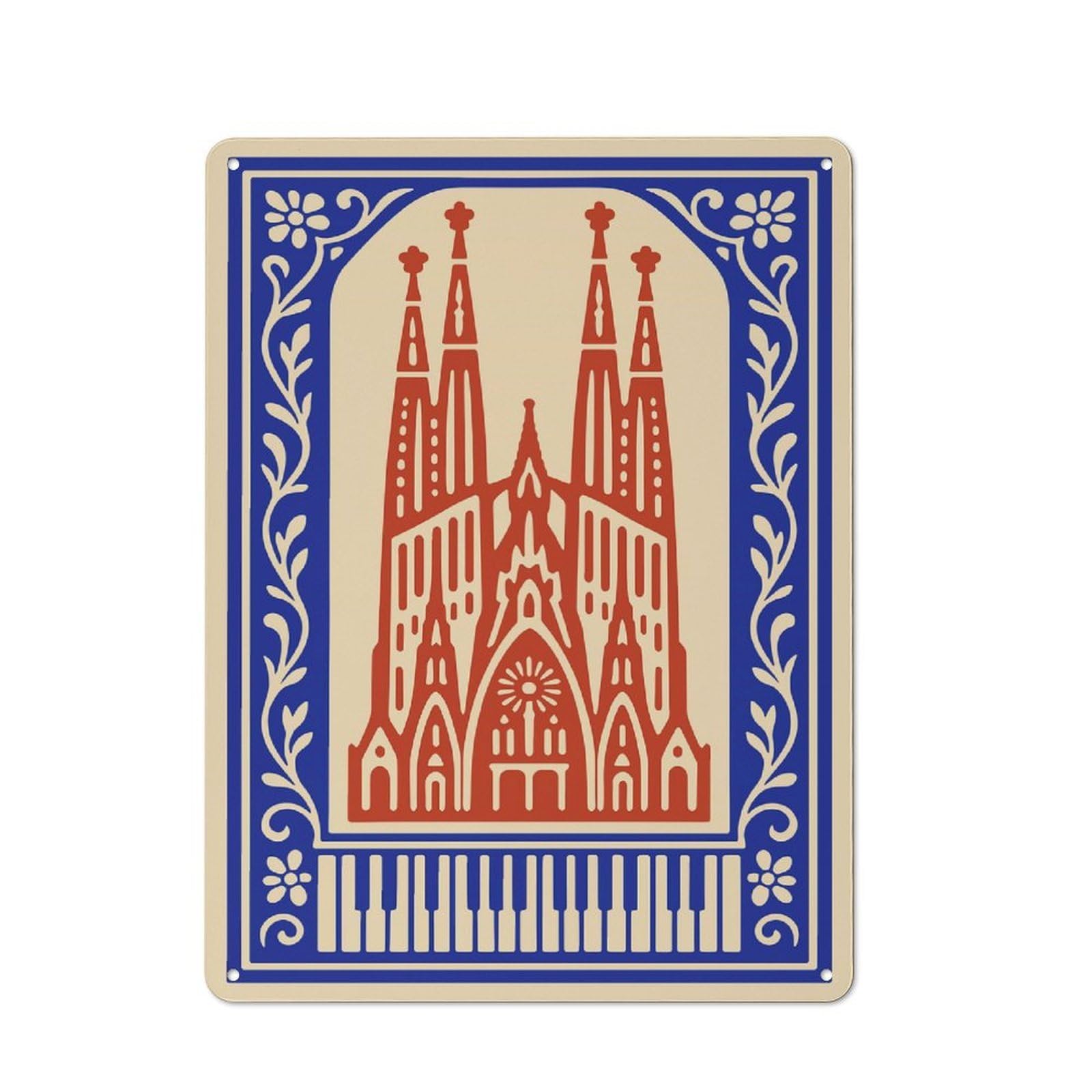 Junmoney Style-10 Sagrada Familia Illustration With Floral Border Nostalgic Metal Wall Decor 40X30cm, Vintage Tin Sign For Living Room, Hallway, Kitchen Or Cafe