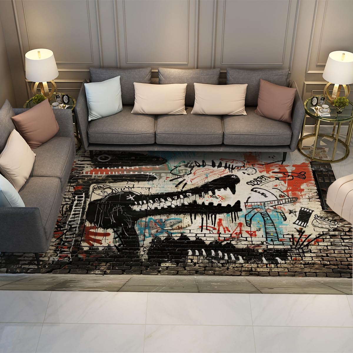Tapis lavable graffiti dinosaure 160x200cm briques de rue pour chambre et salon moderne