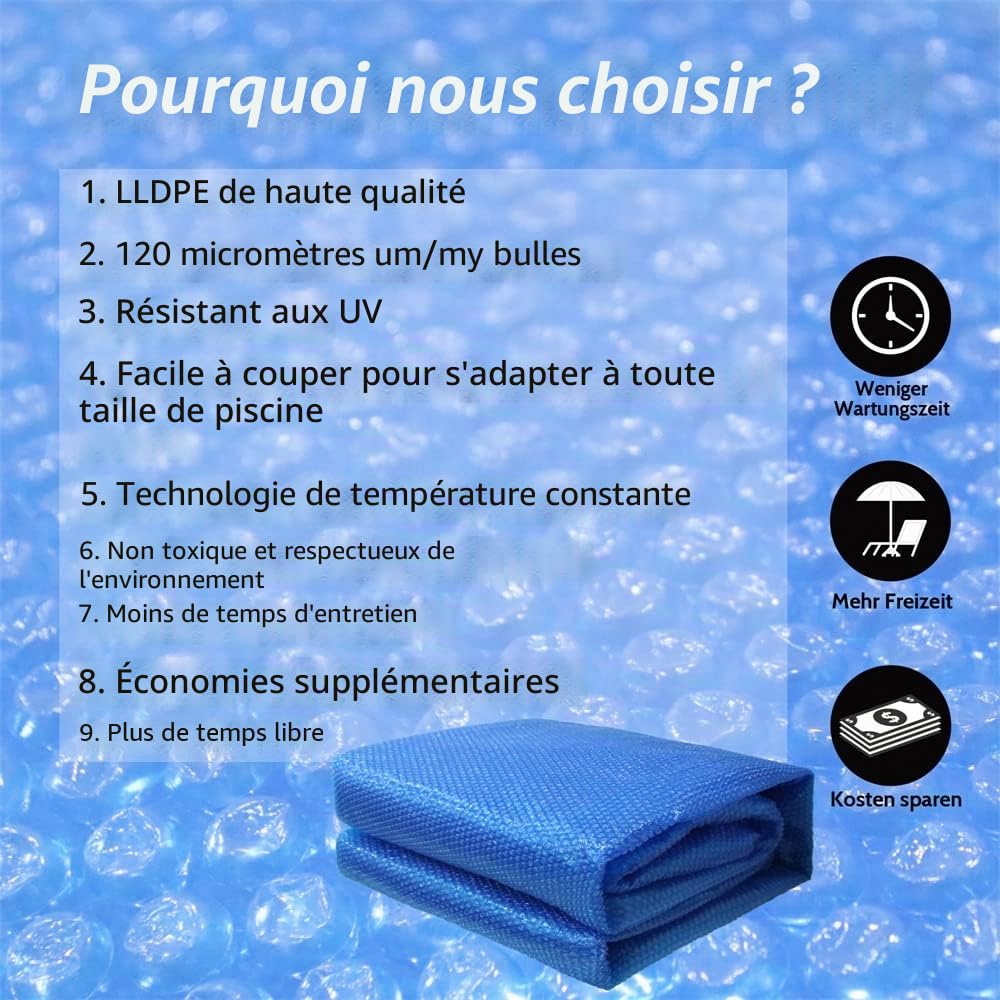 Melko Film solaire pour piscine - 600 x 400 cm - Pour une conservation efficace de la chaleur - Avec œillets - Bleu - En PVC