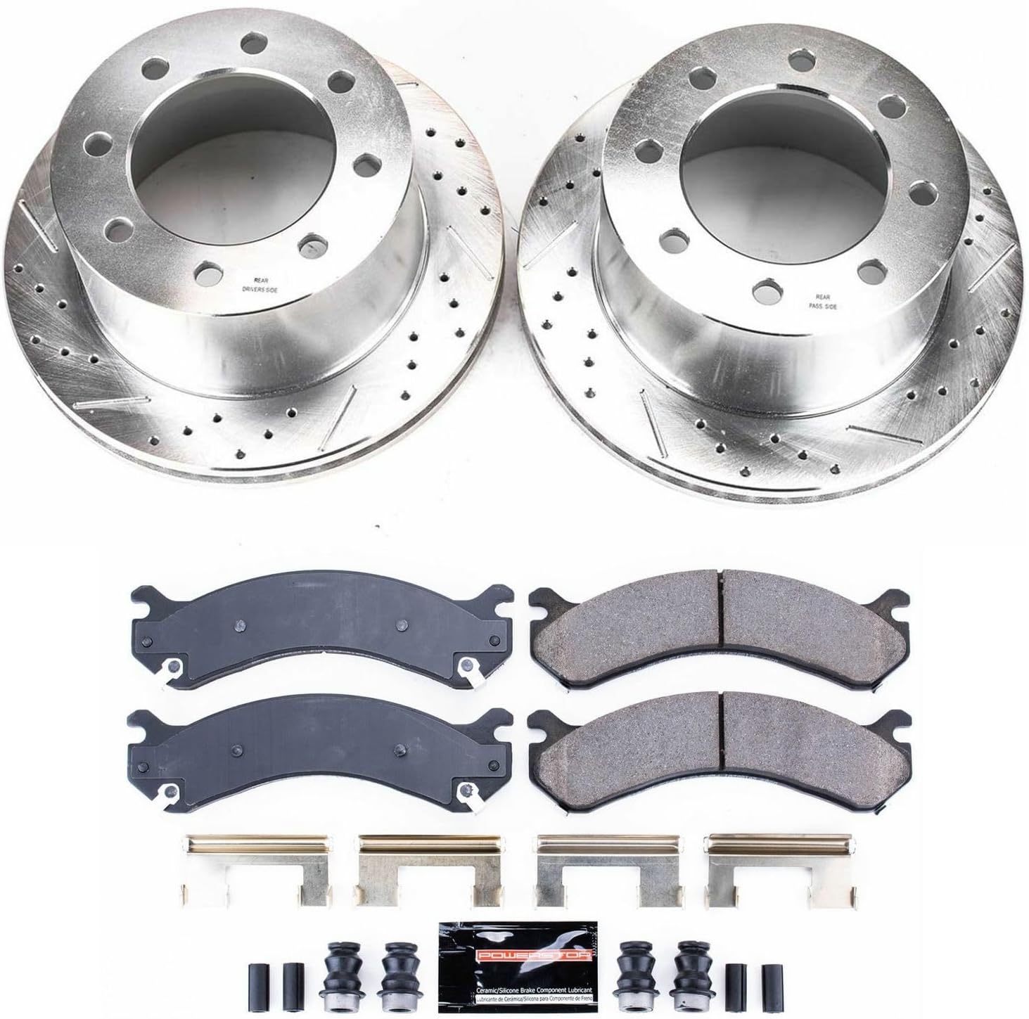 PowerStop Rear Brake Kit For Chevrolet Silverado 3500 2001-06 |Silverado 3500 Classic 2007 |Silverado 3500 HD 2007-10 - Drilled and Slotted Disc Rotors with Ceramic Brake Pads Replacement, K5337