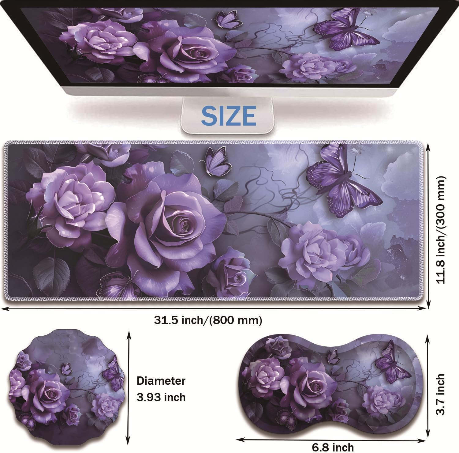 Extended Non-Slip Mouse Pad + Mouse Wrist Rest + Lace-Shaped Coaster Set, Ergonomic Design, Suitable for Desk and Home Gaming Table Mat, Purple Rose