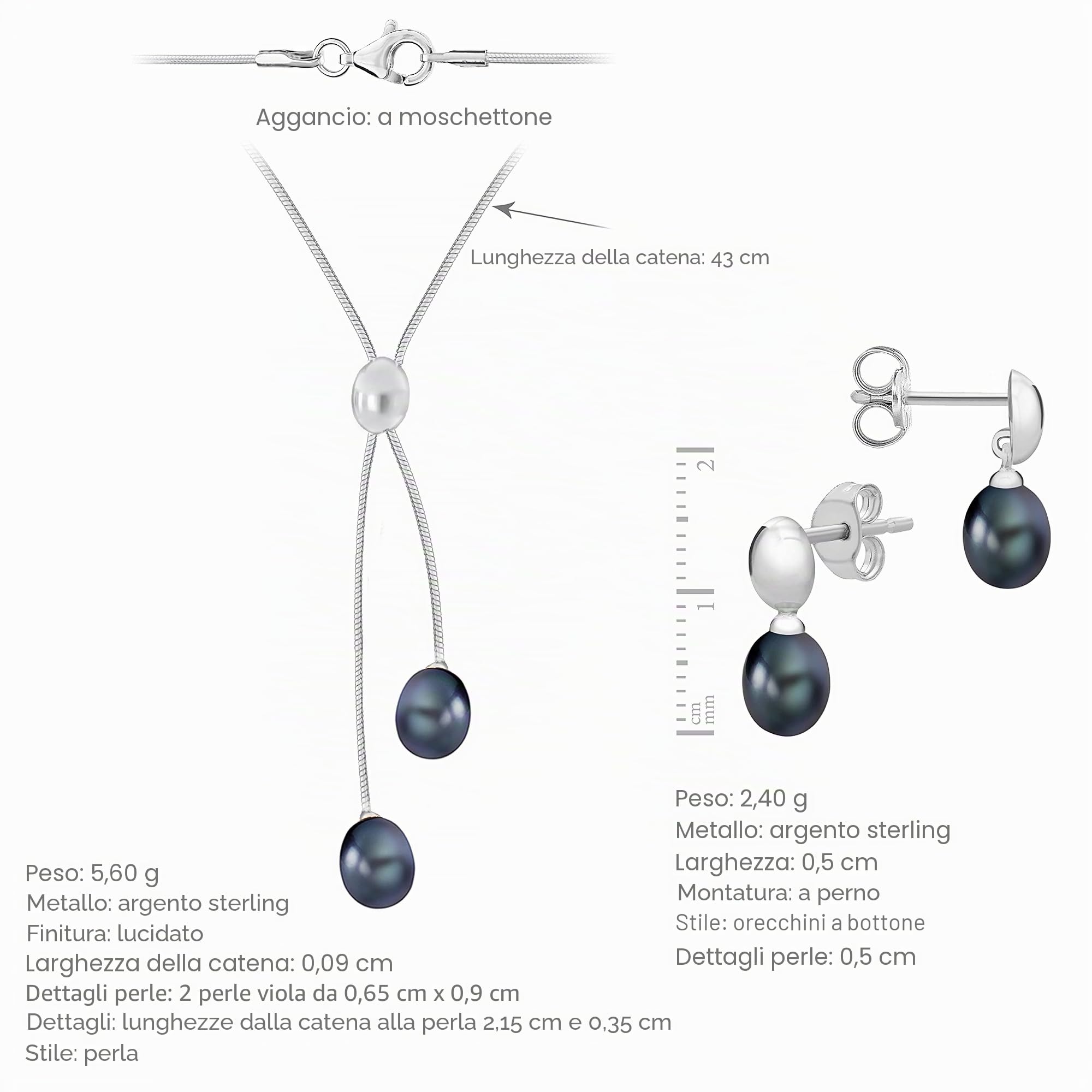 Tuscany Silver Set Collana con Pendente e Orecchini da Donna in Argento Sterling 925, con Perla