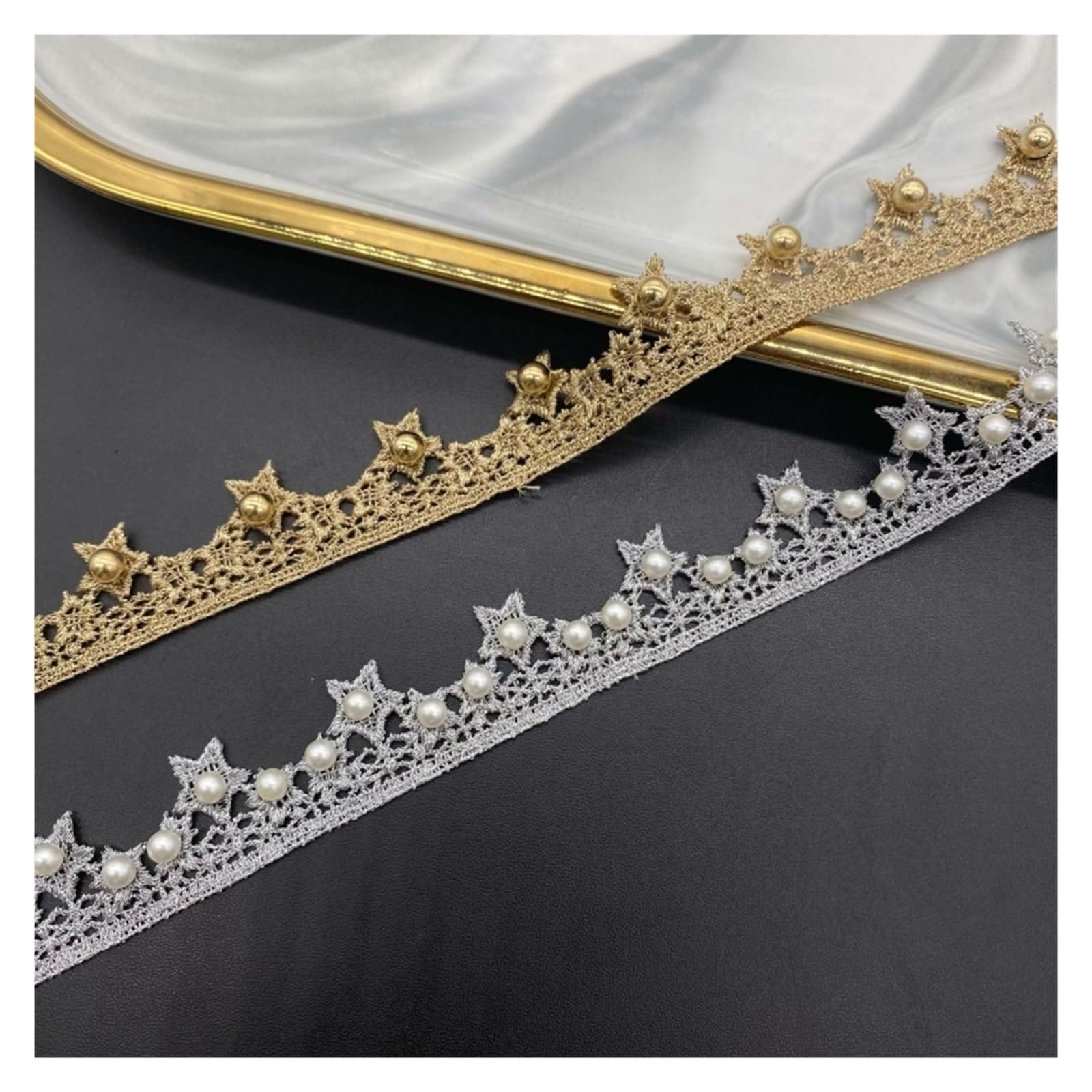 Puntilla De Encaje Con Strass En Forma De Flor Adorno de encaje bordado con cuentas estrella dorada y plateada 5 yardas