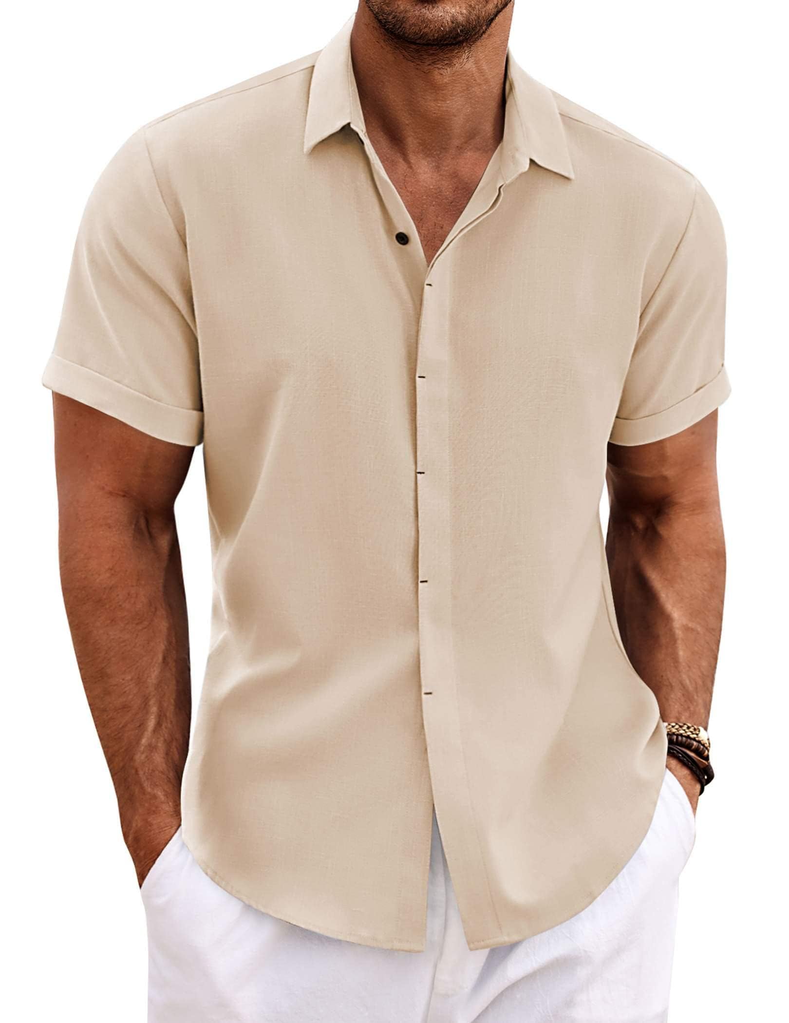 COOFANDY Herren Hemd Kurzarm Sommer Leinen Hemden Regular Fit Button down Freizeithemd helles Khaki XXXL