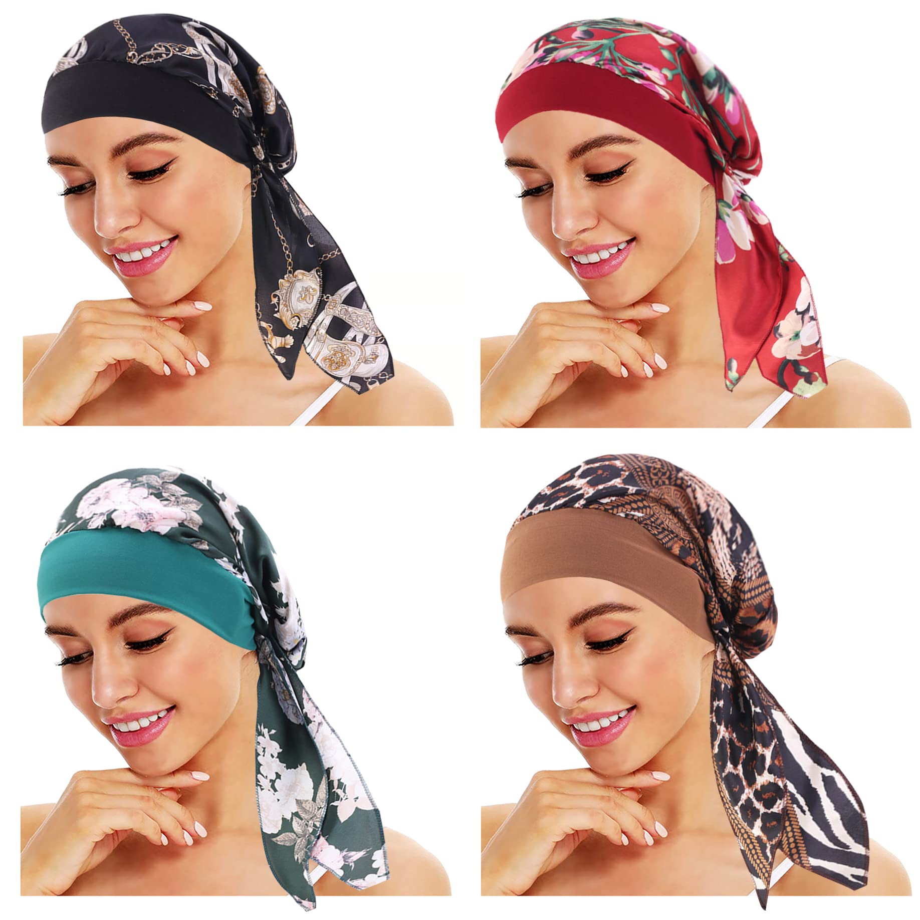 Generic4 Pack Pre Tied Chemo Head Scarf, Beanie Skull Cover Cap for Headwraps Headwear Bandana for Hair Loss Women (Color Mix 4) Small-Large