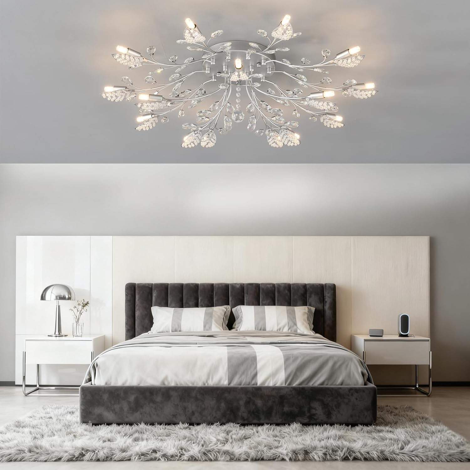 Modern Crystal Ceiling Light Fixture,Silvery Semi Flush Mount Chandeliers,Crystal Leaf Ceiling Light, Chandeliers for Dining Room,Living Room,Bedroom