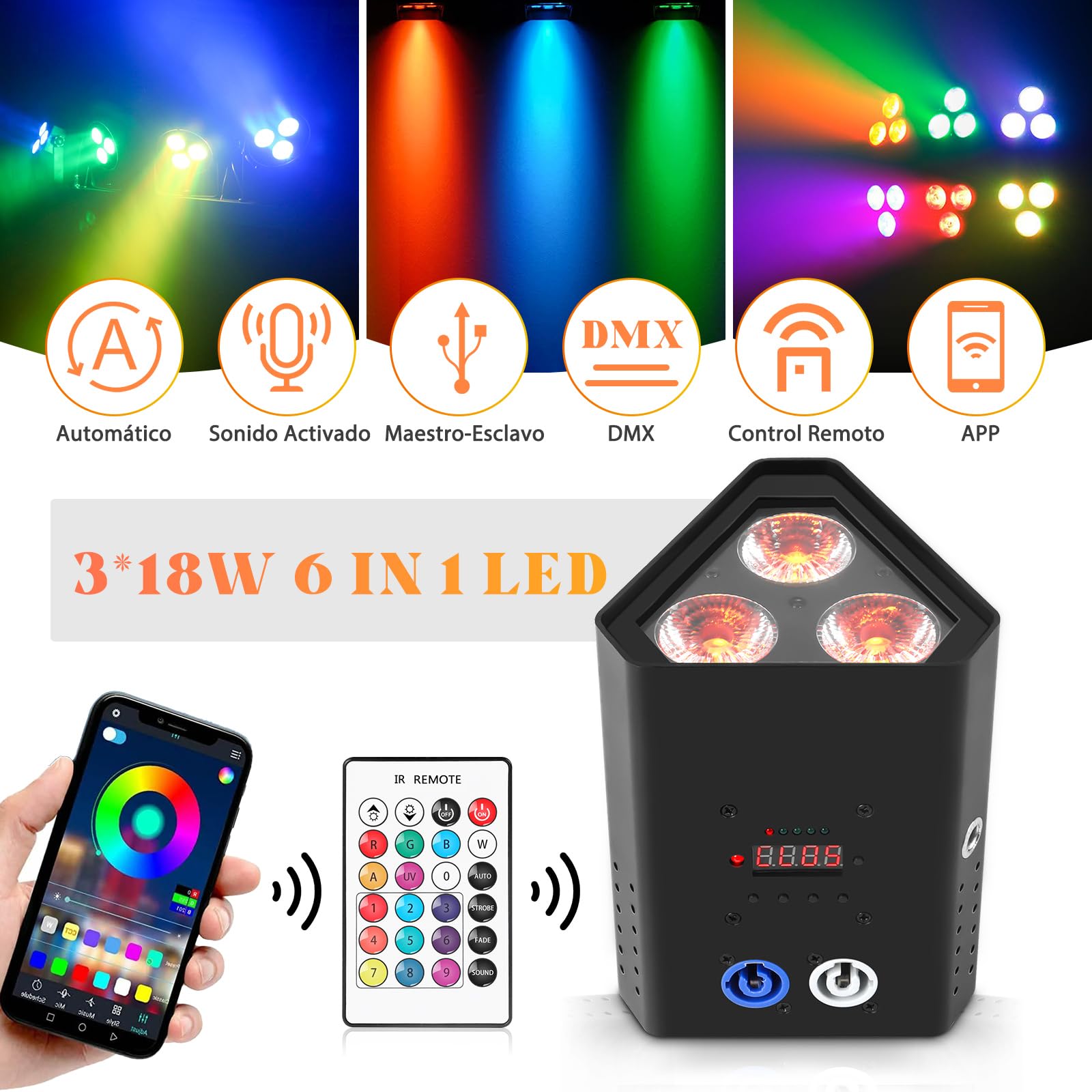 Batteria LED da 3 * 18W Par Light RGBW+UV Faretto da Palco Ricaricabile 6 in 1, Luce da Discoteca con Telecomando a Infrarossi/Wireless da 2,4 GHz/APP, Adatto per Palchi Festival
