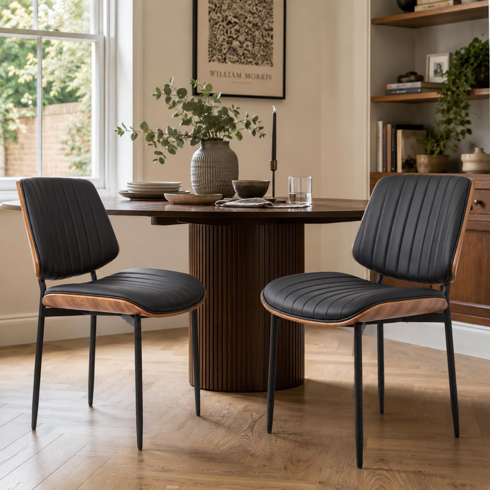 TQHOQ Dining Chairs, Modern Upholstered PU Leather Kitchen Chairs for Dining Room, Armless with Walnut Bentwood, Metal Legs (Black, Set of 2)