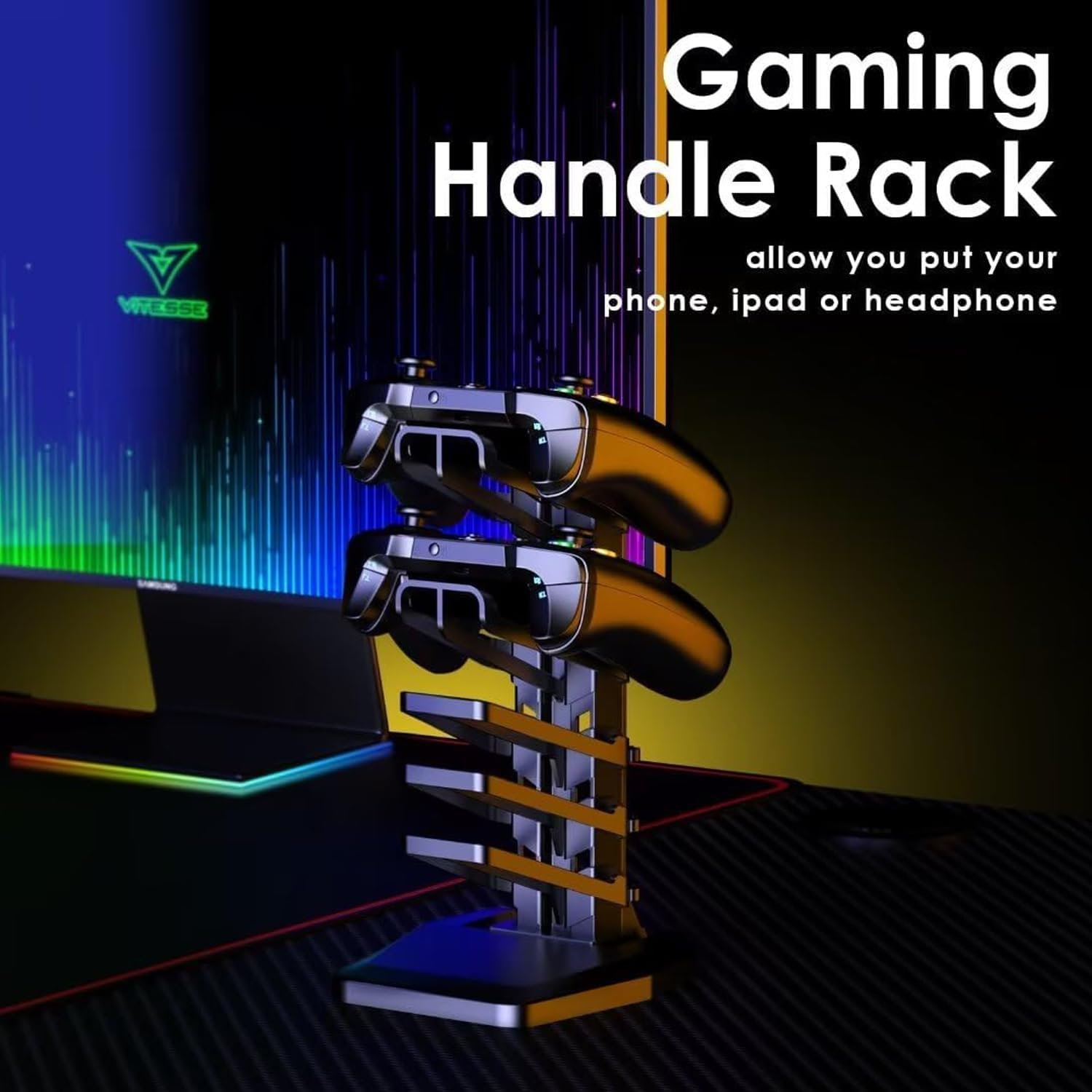 Close-up of the gaming handle rack with two controllers and a phone