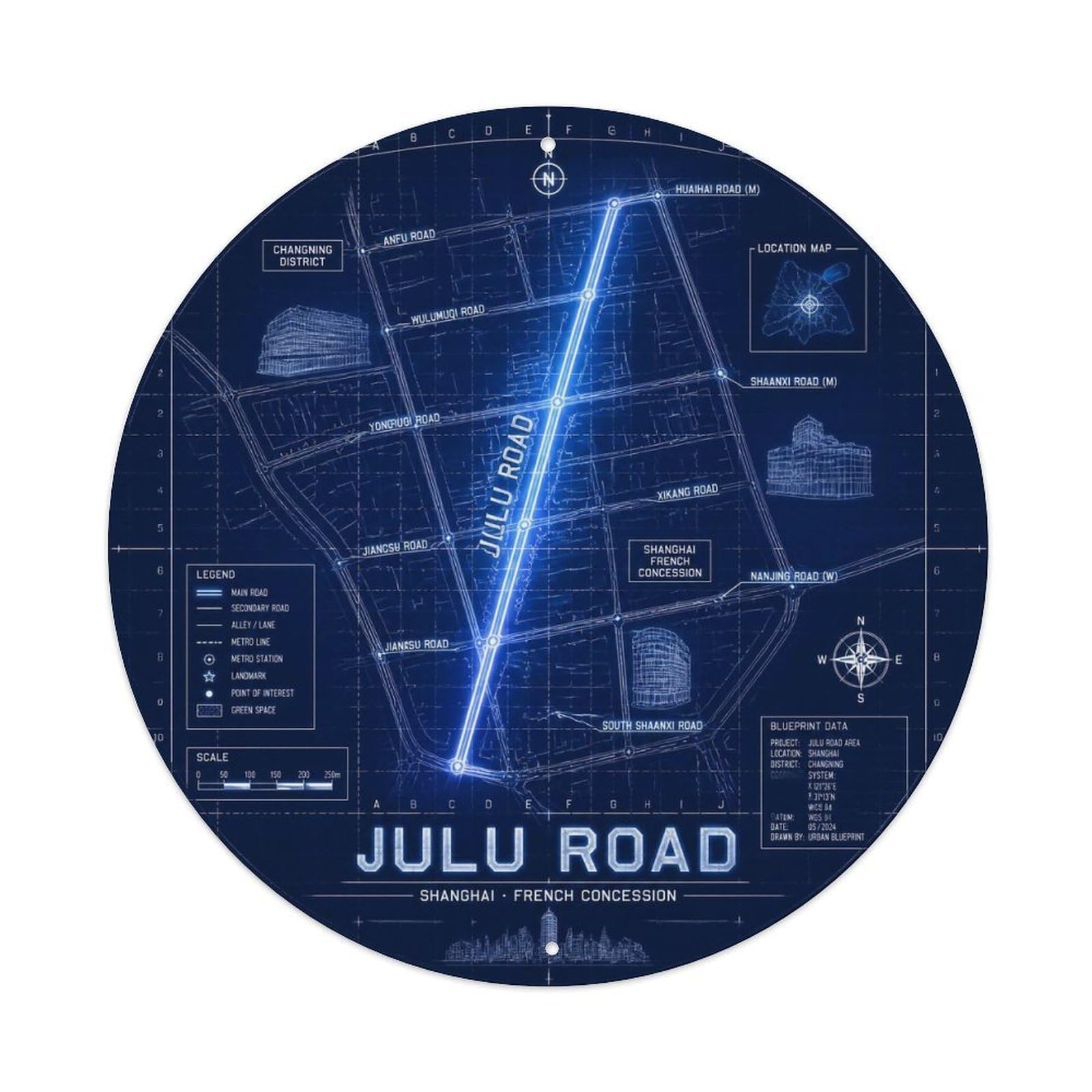 Okngb Style Julu Road Shanghai Street Grid Historic Route Emblem Metal Tin Sign Plaque Wall Decor For Cafe, Man Cave, Club Bar, Office, Home Garden Round Metal Poster 8X8inch