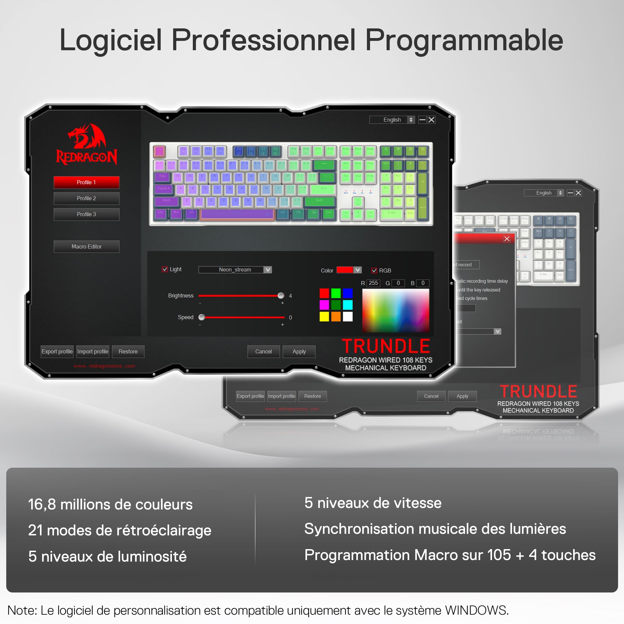 Redragon K668 Clavier Gaming Mécanique Filaire AZERTY, 105+4 Touches, Rétroéclairage RGB, Interrupteurs Rouges Remplaçables à Chaud, Mousse Absorbant Le Son