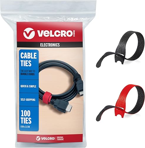 VELCRO Brand ONE-WRAP Cable Ties, 100Pk, 8 x 1/2" Black Cord Organization Straps, Thin Pre-Cut Design, Wire Management for Organizing Home, Office and Data Centers(Red and Black,Cable Ties)