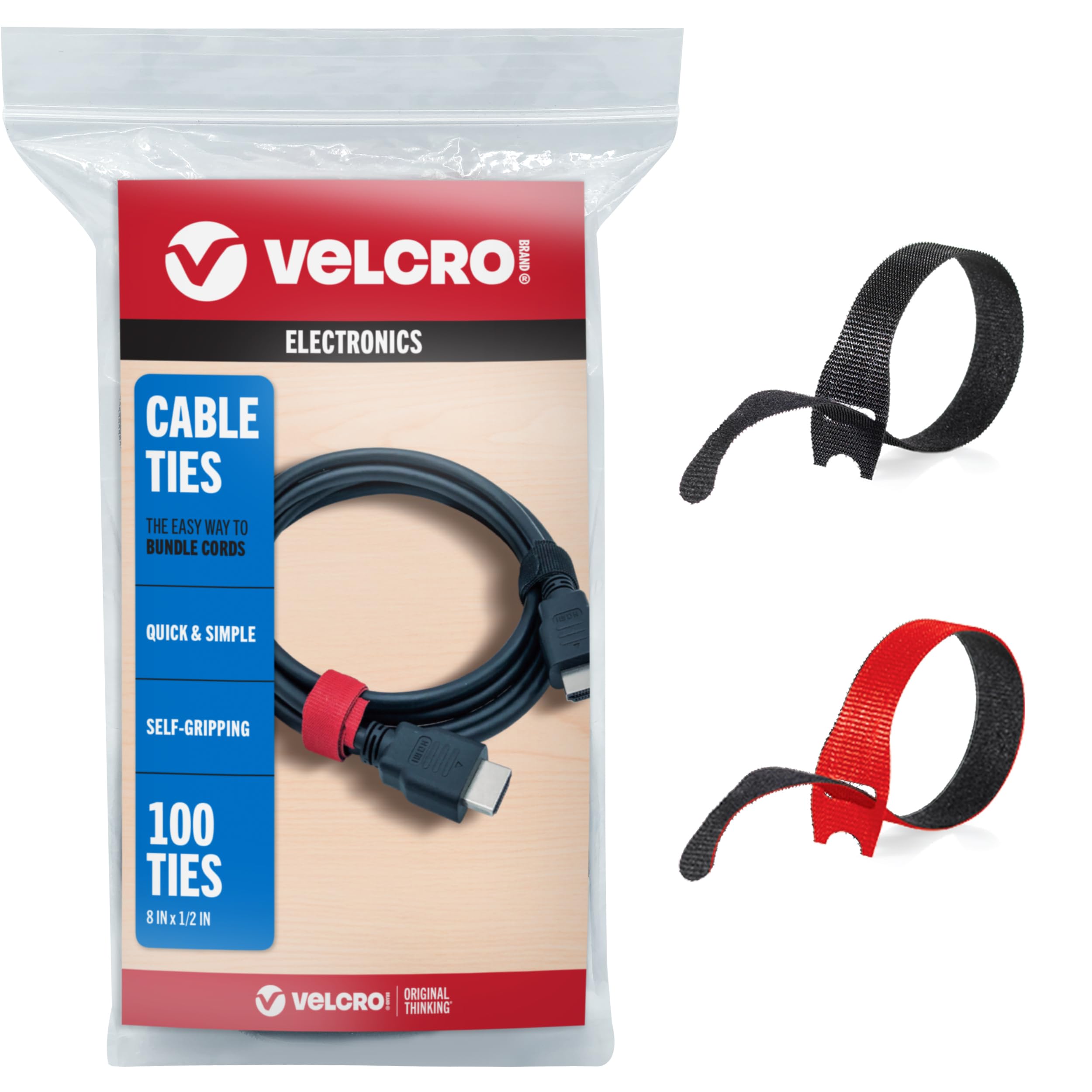 VELCRO Brand Cable Ties, 100Pk - 8 x 1/2" Red and Black, Reusable Alternative to Zip Ties, ONE-WRAP Thin Pre-Cut Cord Organization Straps, Wire Management for Office or Home, VEL-30200-AMS, Black/Red
