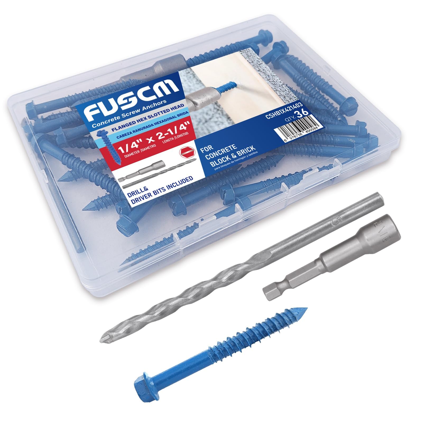 FVSCM 1/4" x 2-3/4"Slotted Hex Concrete Screws Anchor for Concrete36pcs/box | Concrete Screws Anchor for Anchoring to Masonry, Block or Brick Stucco，