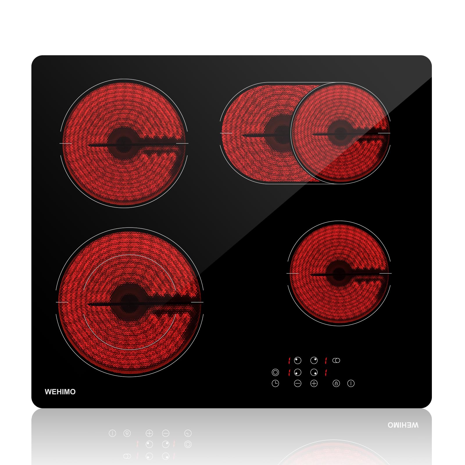 Glaskeramikkochfeld 4 platten, WEHIMO Glaskeramikkochfeld 60cm, 7200W, 4 Kochzonen mit dualkochzone, 9 Stufen, Kindersicherung, Timer, Einbau Rahmenlos Keramikkochfeld, Geeignet für Alle Töpfe