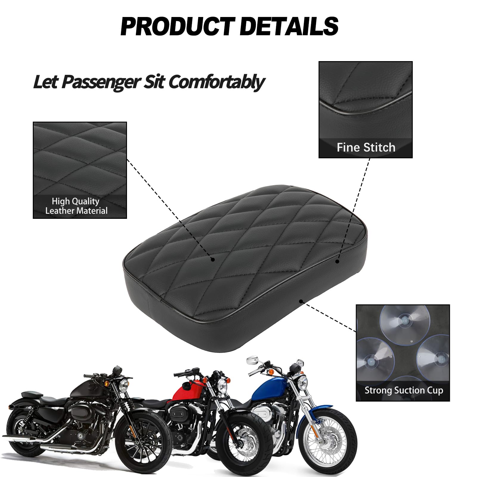 DREAMIZER Coussin de passagers arrière à moto, Coussin de Siège Passager Moto avec 8 Ventouses, Sièges pour moto Compatible avec Harley Sportster XL883 1200 Dyna pour Softail Cruiser Chopper Custom