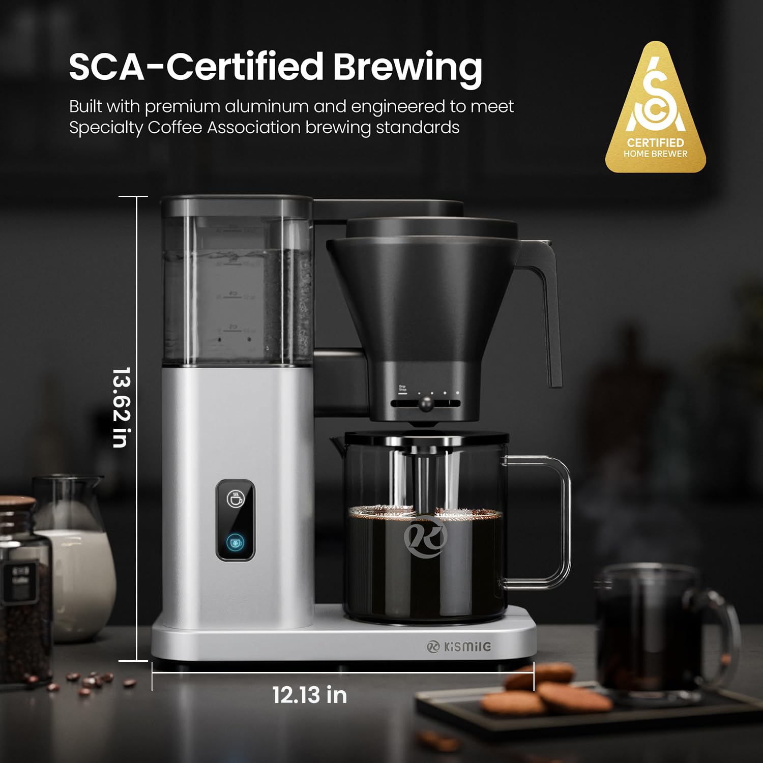 Kismile SCA-Certified 8 Cup Drip Coffee Maker, Pour Over Coffee Machine with 3s Instant Heat 197–205℉, Adjustable Flow Control, Removable Water Tank, Deep Cold Brew & 40 Min Keep Warm (Silver)