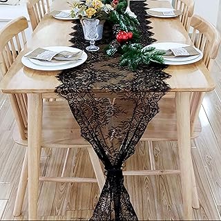 Romantic Vintage Lace Table Runner with Embroidered 18X120inch Black Floral Lace Table Runner for Candlelight Dinners, Wedding Reception Table Decor