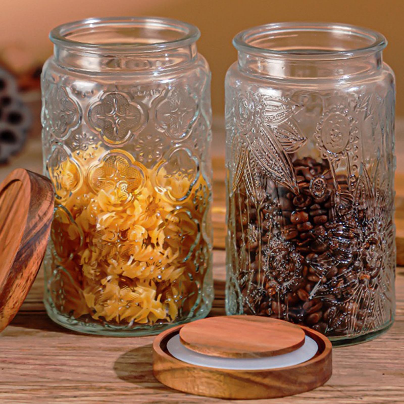 Juego de 2 tarros de cristal con tapa de 1000 ml, herméticos para cocina, tarros de especias grandes con tapa de madera para cocina, despensa, granos de café, harina, avena, cereales, pasta