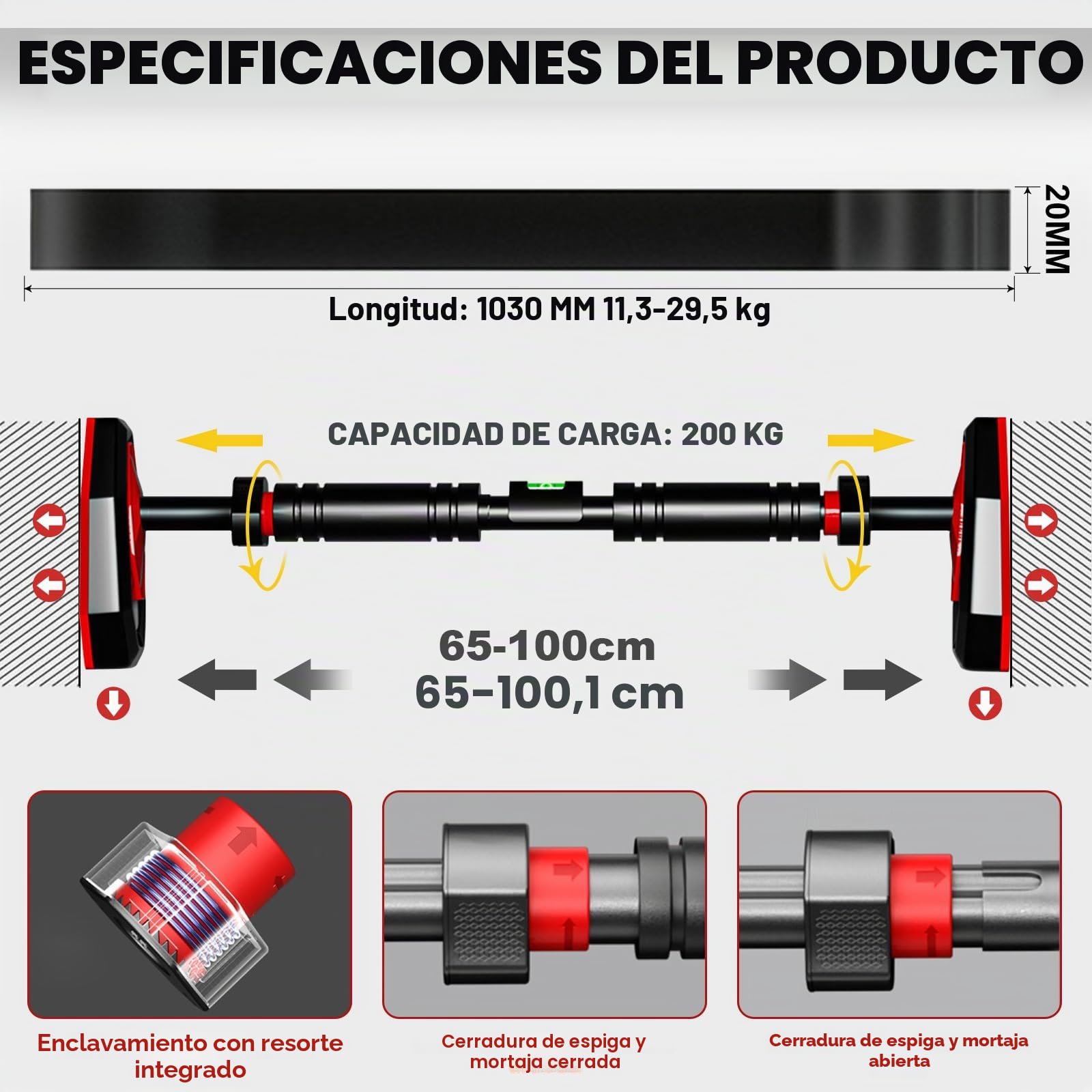 Barra de dominadas para marco de puerta, instalación sin tornillos, ajustable de 76 a 100 cm, carga máxima de 200 kg, barra multifuncional para dominadas y flexiones para gimnasio en casa
