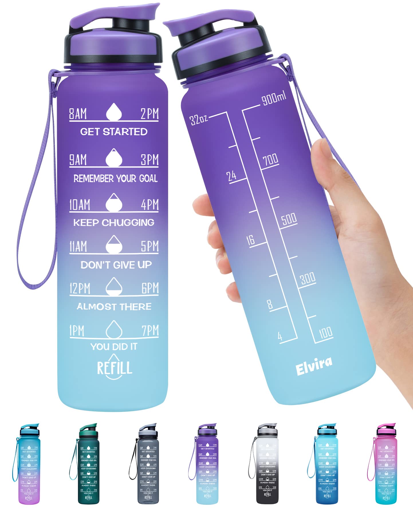 Elvira 32oz Large Water Bottle with Motivational Time Marker & Removable Strainer,Fast Flow BPA Free Non-Toxic for Fitness, Gym and Outdoor Sports