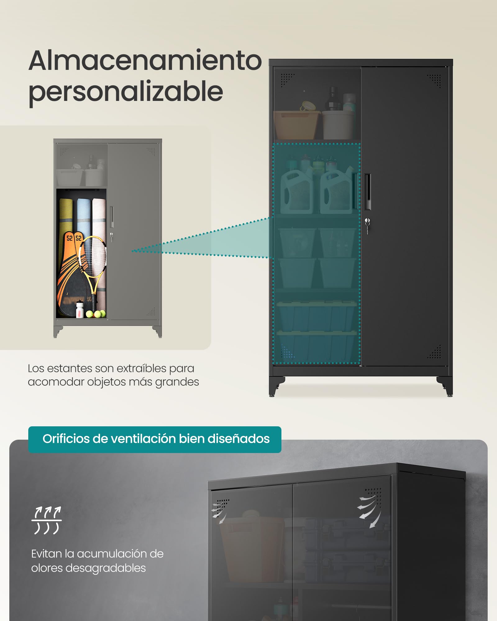SONGMICS Armario, Mueble de Almacenamiento Metálico, con 2 Puertas, 5 Compartimentos, Barra para Perchas, con Cerradura, Patas Altas, 80 x 40 x 165 cm, Negro Mate OMC018BD01