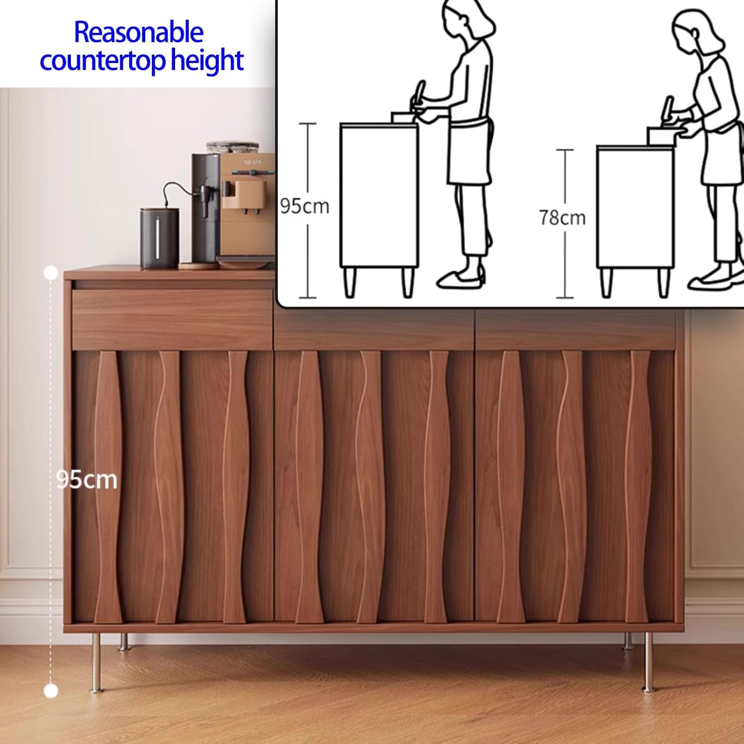 Sideboard Buffet Cabinet, Fluted Kitchen Storage Cabinet with Adjustable Shelves, Wood Hutch Cupboard, Media Console Coffee Bar Table(Black,80x95cm/31.4x37.4in)