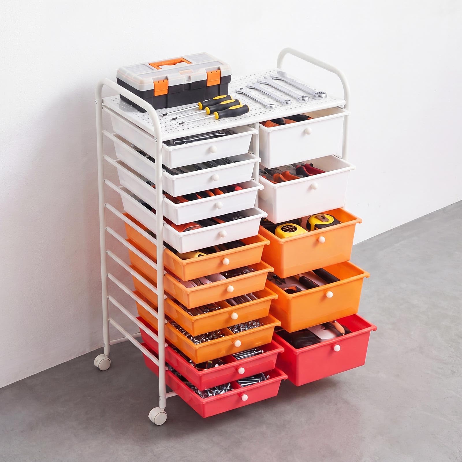 VEVOR Carrello Multiuso con Cassetti, Organizer a Doppia Fila con 15Cassetti, Carrello Portaoggetti, Telaio in Acciaio Verniciato, Ruote Girevoli a 360° con 2 Freni, per Ufficio, Garage, Rosso Sfumato