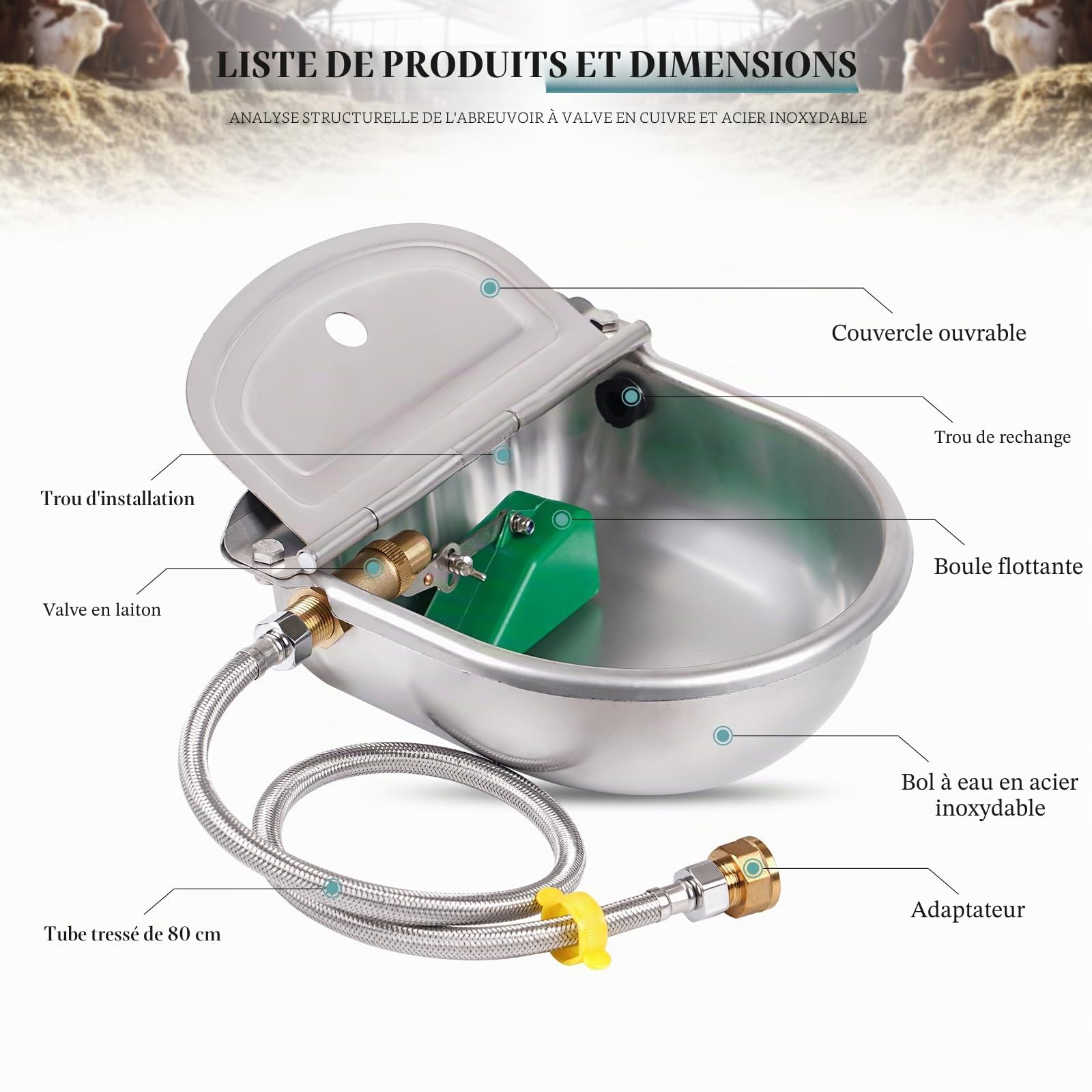 Abreuvoir automatique en acier inoxydable pour bétail avec valve flottante en laiton et tuyau tressé de 80 cm pour bovins, chevaux, moutons, chèvres, chiens, cochons