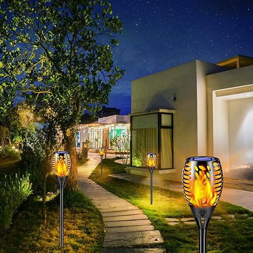 Miniatura 6 de TomCare Paquete de 8 luces solares para exteriores, llamas parpadeantes, luces solares decorativas de jardín, funciona con energía solar,